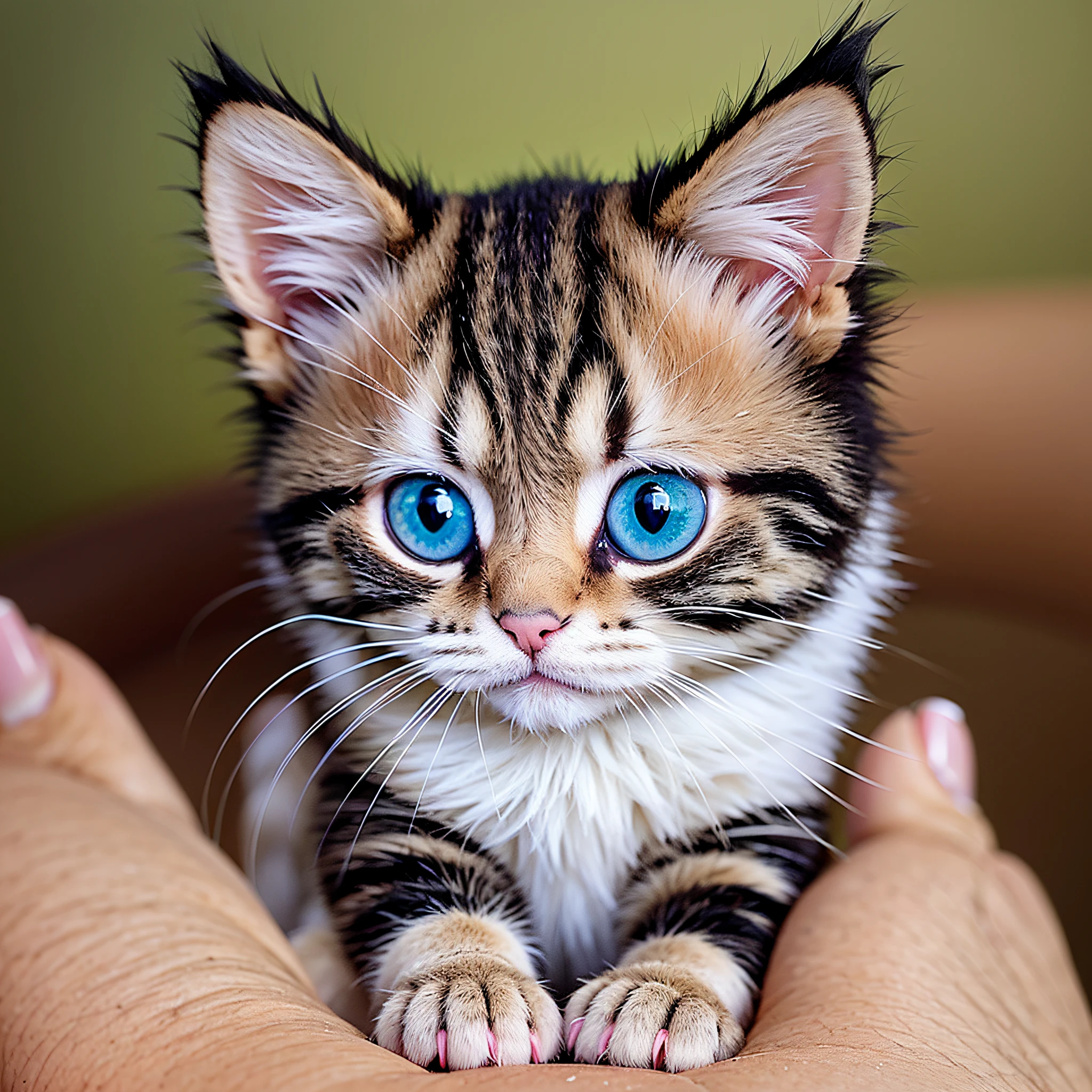 There is a kitten sitting on a person's hand, Miniature kittens, ((((Small)))), cat, animal, blurry background, animal focus, realistic, pov hands, looking at viewer, whiskers, pov_hands, blurry, pov, depth of field