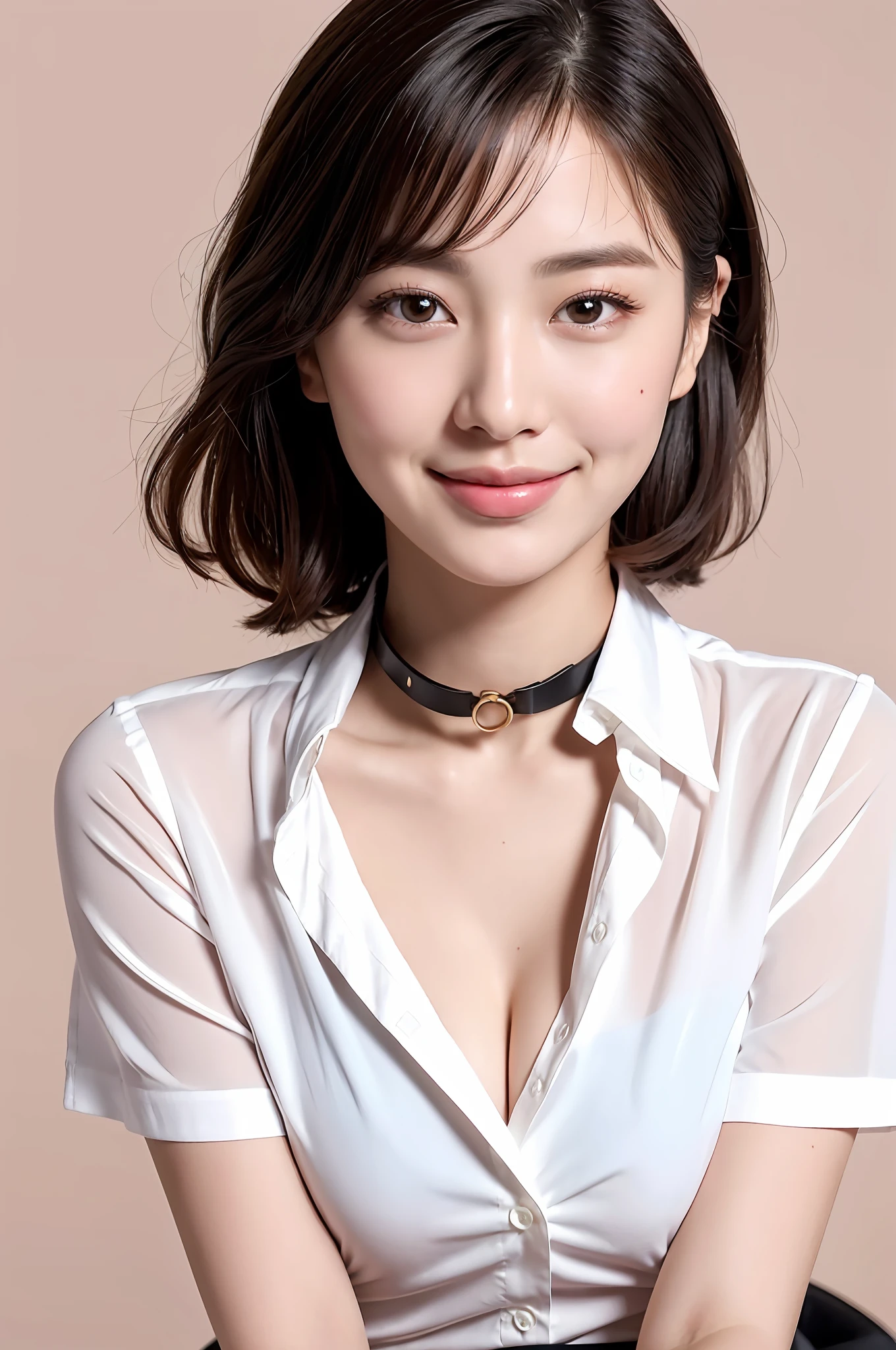 (8k, top quality, masterpiece: 1.2), (realistic, photorealistic: 1.37), super detailed, girl single, cute, solo, sitting, dating, (blush), (smile: 1.15), (closed mouth), big breasts, gaze staring at camera, breast staring at camera, fine beautiful eyes, large round eyes, clear double eyelids, eyelashes, (shirt with collar: 1.1), wet, office clothesNovaFrogStyle, White Lace, (Short Hair: 1.2), Floating Hair, Topless, Bangs, Long Neck, Happy Smile, Pretty Face, Realistic Skin Texture, Unbutton, Light Pink Lips, Really Nothing Background, Really Immaculate Background, 18 years old, High School