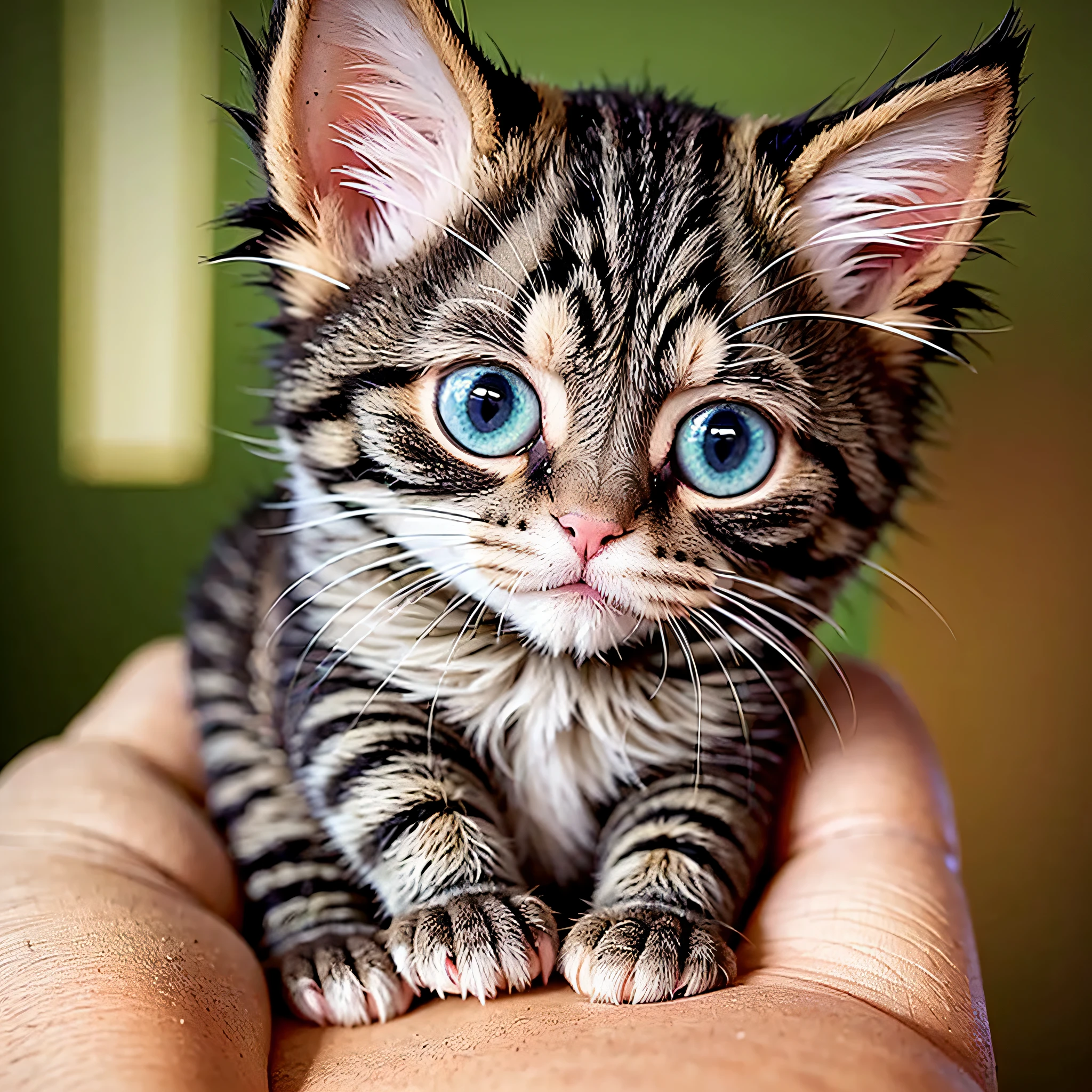 There is a kitten sitting on a person's hand, Miniature kittens, ((((Small)))), cat, animal, blurry background, animal focus, realistic, pov hands, looking at viewer, whiskers, pov_hands, blurry, pov, depth of field