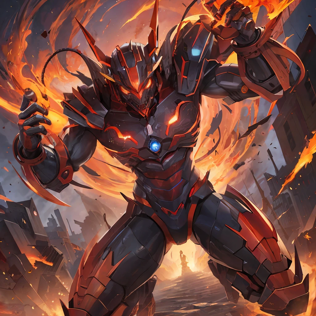 (best quality, masterpiece), male robot android dropping lava, demon mask in his mouth, holding a giant sword on his shoulder, in a very fast running pose. The red aura enveloping the entire environment intensifies the climate of danger and urgency. (en)