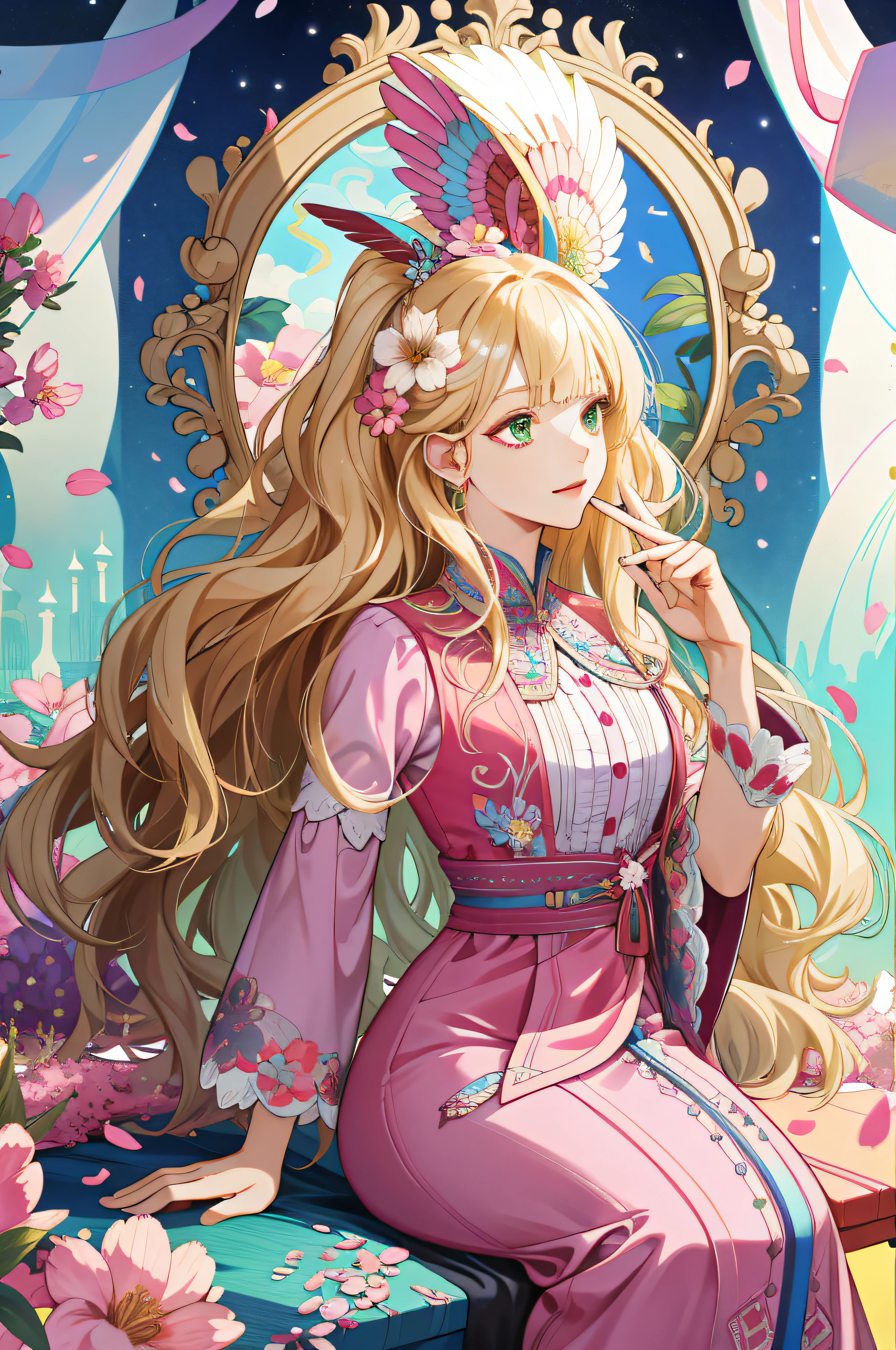(absurdres, highres, ultra detailed), 1girl, mature female, wavy blonde hair, long hair, blunt bangs, green eyes, pink dress, finely detailed eyes and detailed face, extremely detailed CG unity 8k wallpaper, intricate details, BREAK , kaleidoscopic imagery, symmetrical patterns, vibrant colors, geometric shapes, mesmerizing designs, optical illusions, dynamic composition BREAK , pantomime art, expressive body language, silent storytelling, evocative gestures, visual narratives, theatrical performances BREAK , blooming flowers, colorful petals, fragrant scents, nature's bounty, vibrant gardens, peaceful scenery