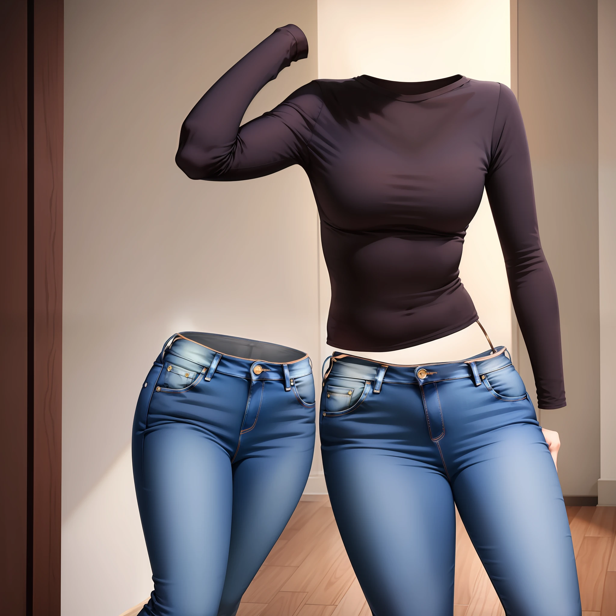 invisible, headless, faceless, masterpiece, best quality, dark blue jeans, skinny jeans, pink blouse, large breasts, sexy