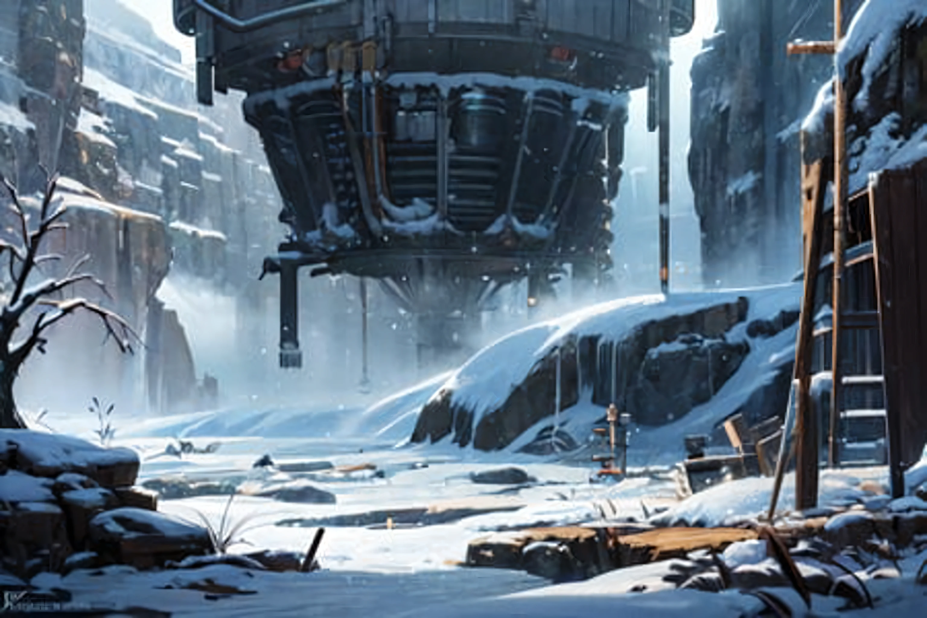 Realistic, Realism, (Masterpiece, Best Quality, High Quality, Highres:1.4), Detailed, Extremely Detailed, Ambient Soft Lighting, 4K, 

(Science Fiction, Sci-Fi:1.2), (Generator:1.4), (Frostpunk:1.4), (Snow:1.2), Winter, Pines, Ice, (Icy Mountais, Canyon:1.2),