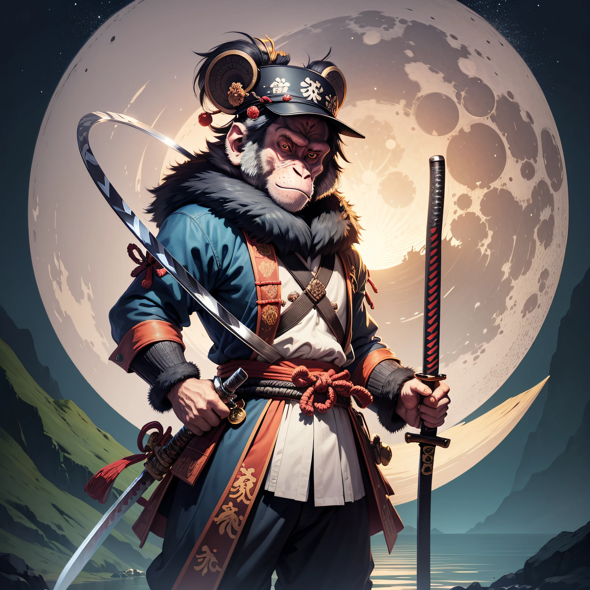((best quality)) ((illustration)) monkey, samurai hat, right hand katana, standing, pointing at the viewer with the left hand, lake at night, large moon in the background, 8k --auto --s2
