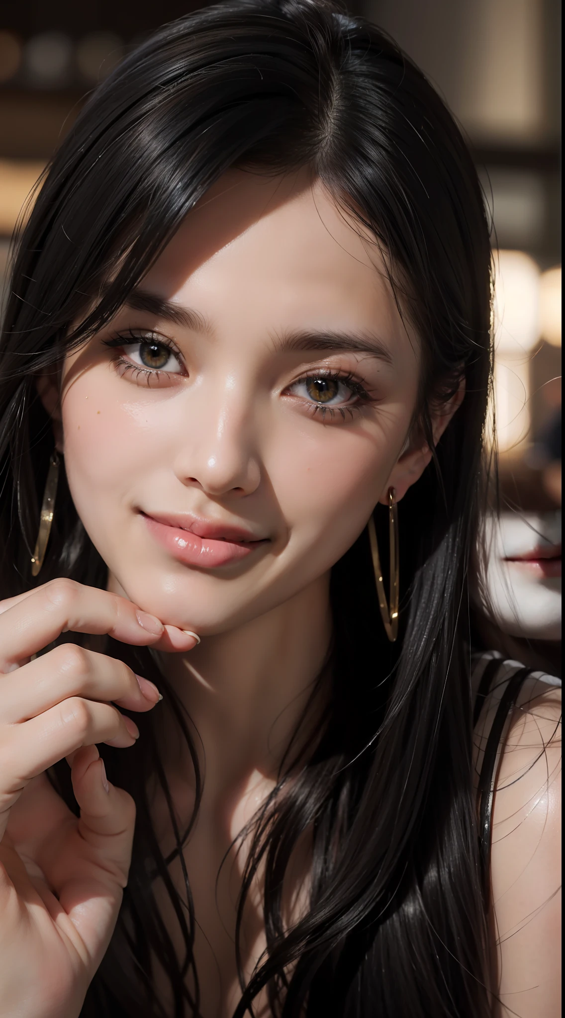 masterpiece, top quality, raw photo, photorealistic, big, face light, shiny skin, high resolution, super detail, detail, detailed eyes and face, sharp pupils, smile, sharp focus, shiny skin, black hair, long hair, earrings, tavern, drinking alcohol in bar
