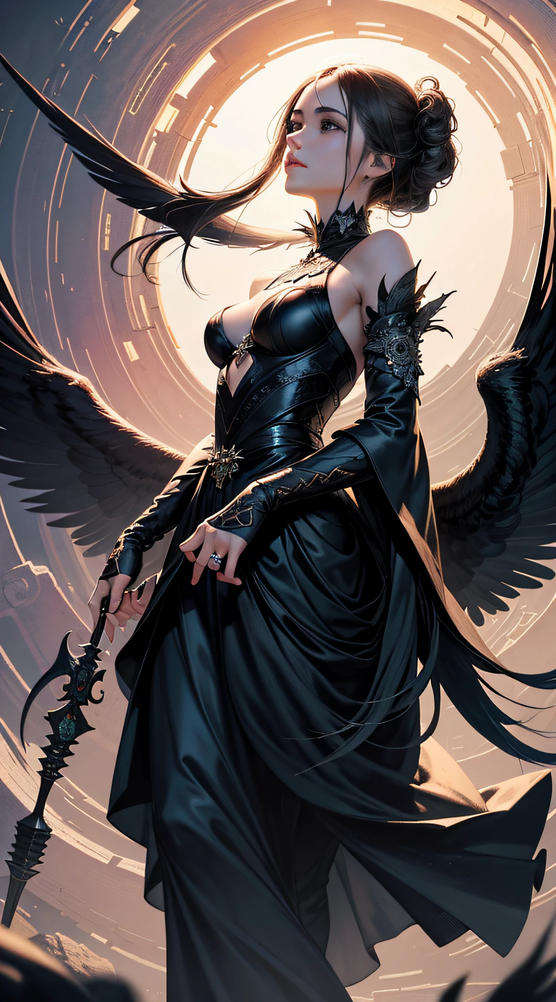 Official Art, Unified 8k Wallpapers, Ultra Detailed, Beautiful and Aesthetic, Masterpiece, Best Quality, (Zentangle, Mandala, Tangle, Entangle), (Fractal Art: 1.3), 1girl, Black Angel, (Black Feather Wings: 1.1), Very Detailed, Dynamic Angle, Cowboyshot, Most Beautiful Forms Chaotic, Elegant, Fauvist Design, Vivid Colors, Romanticism, James Jean, Robbie Devi Antono, Ross Tran, Francis Bacon, Michal Mraz, Adrian Gaini, Petra Kotwright, Gerhard Richter, Takatoto Yamamoto, Ashley Wood, atmospheric, ecstatic notes, flow notes visible
