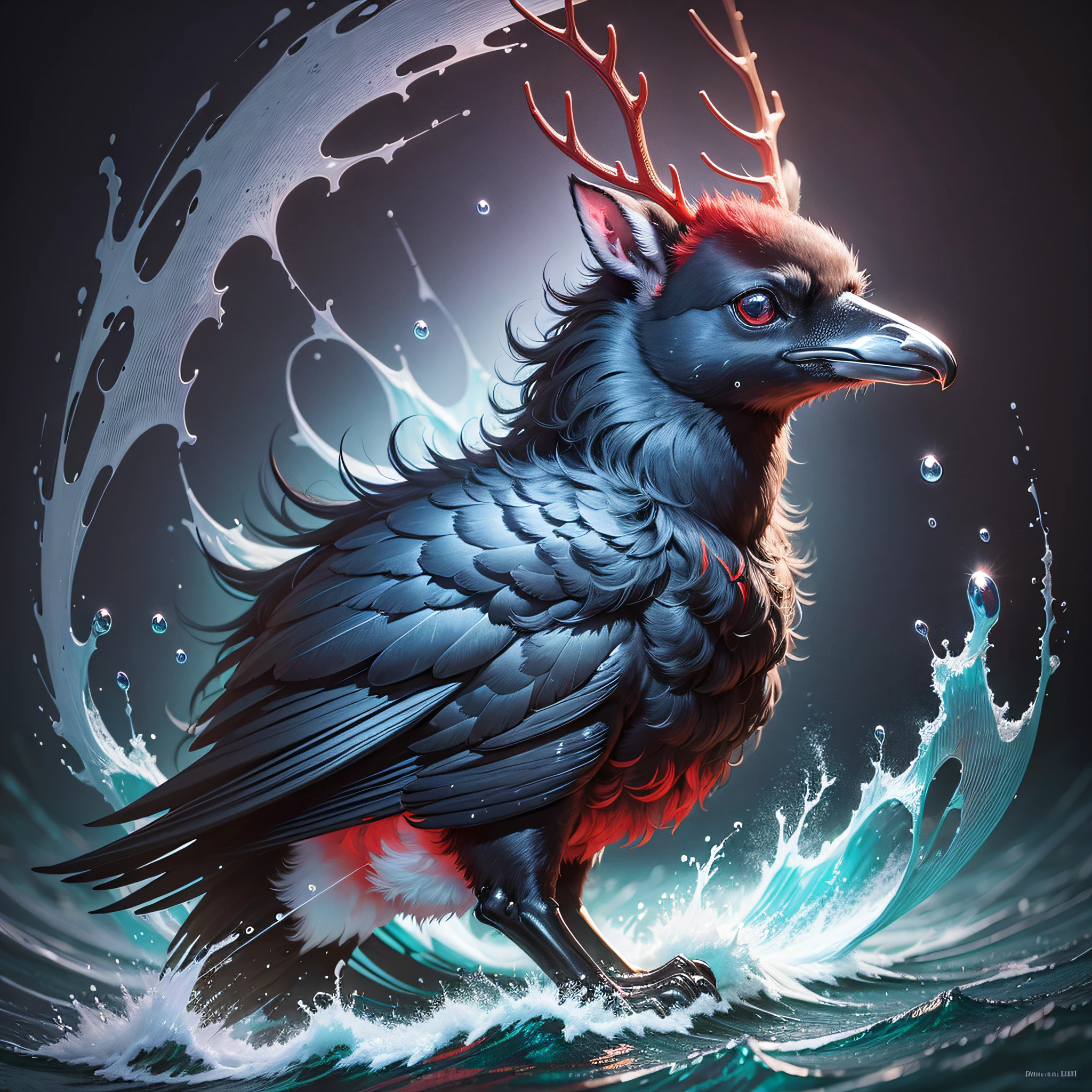 Raven Deer Deep Sea Energetic Small Baby red, Dazzling, Imperceptible detail and Step-by-step, in the style of David A. Hardy, Danielle Eckhardt and Mark Arian, 16k resolution --auto --s2