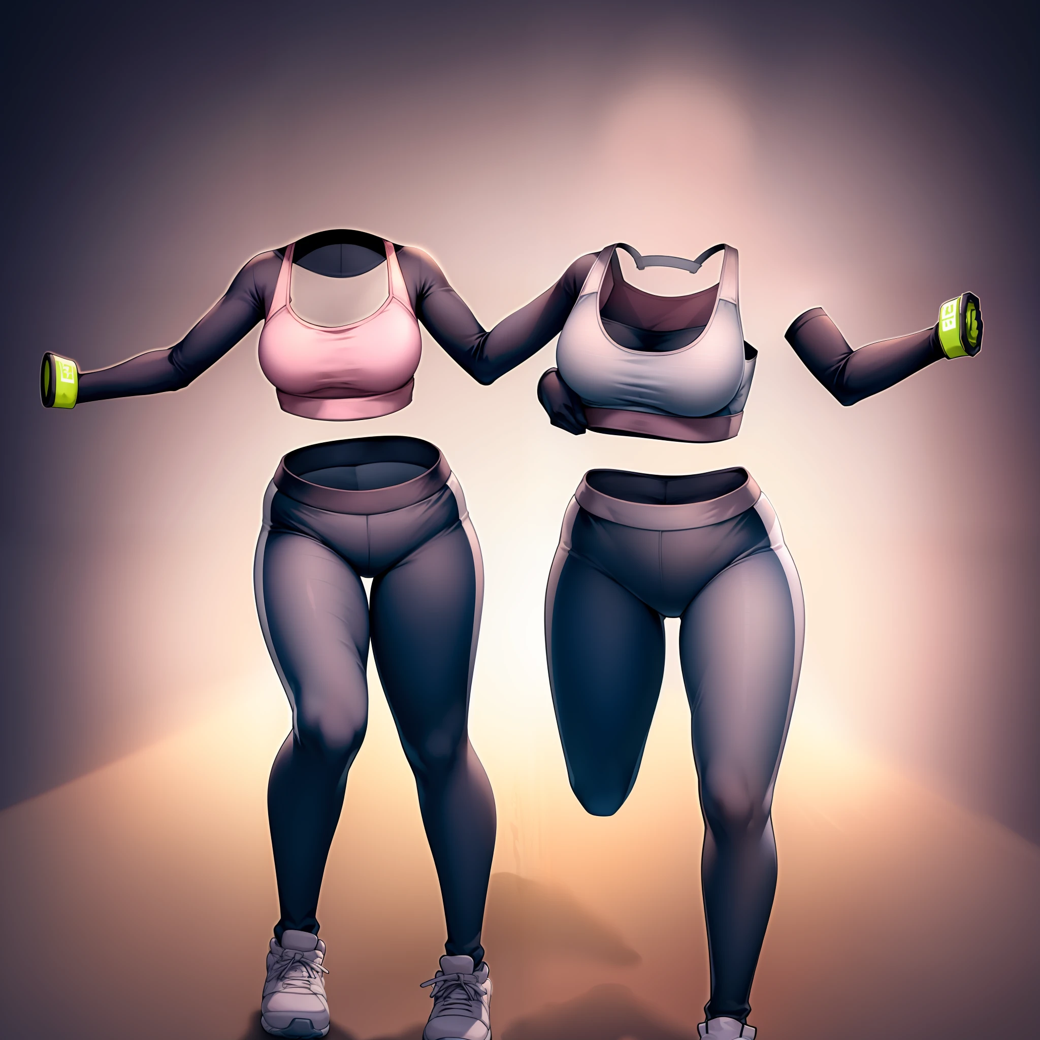 invisible, headless, faceless, masterpiece, best quality, large breasts, pink sports bra, gray leggings, running, accurate body, 1girl, full body view