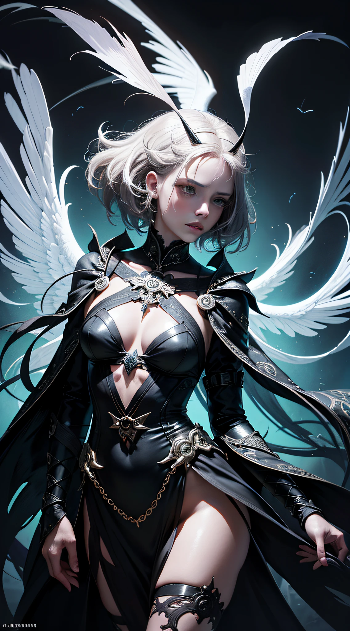 Official Art, Unified 8k Wallpapers, Ultra Detailed, Beautiful and Aesthetic, Masterpiece, Best Quality, (Zentangle, Mandala, Tangle, Entangle), (Fractal Art: 1.3), 1girl, Black Angel, (Black Feather Wings: 1.1), Very Detailed, Dynamic Angle, Cowboyshot, Most Beautiful Forms Chaotic, Elegant, Fauvist Design, Vivid Colors, Romanticism, James Jean, Robbie Devi Antono, Ross Tran, Francis Bacon, Michal Mraz, Adrian Gaini, Petra Kotwright, Gerhard Richter, Takatoto Yamamoto, Ashley Wood, atmospheric, ecstatic notes, flow notes visible
