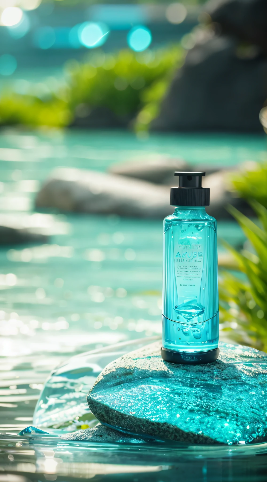 there is a bottle of water sitting on a rock in the water, portrait shot, close-up product photo, beauty shot, closeup portrait shot, azure water, close up portrait shot, hair gel combed backwards, full product shot, smooth bioluminescent skin, in the background, dramatic product shot, beautiful look, bottom angle, high resolution product photo