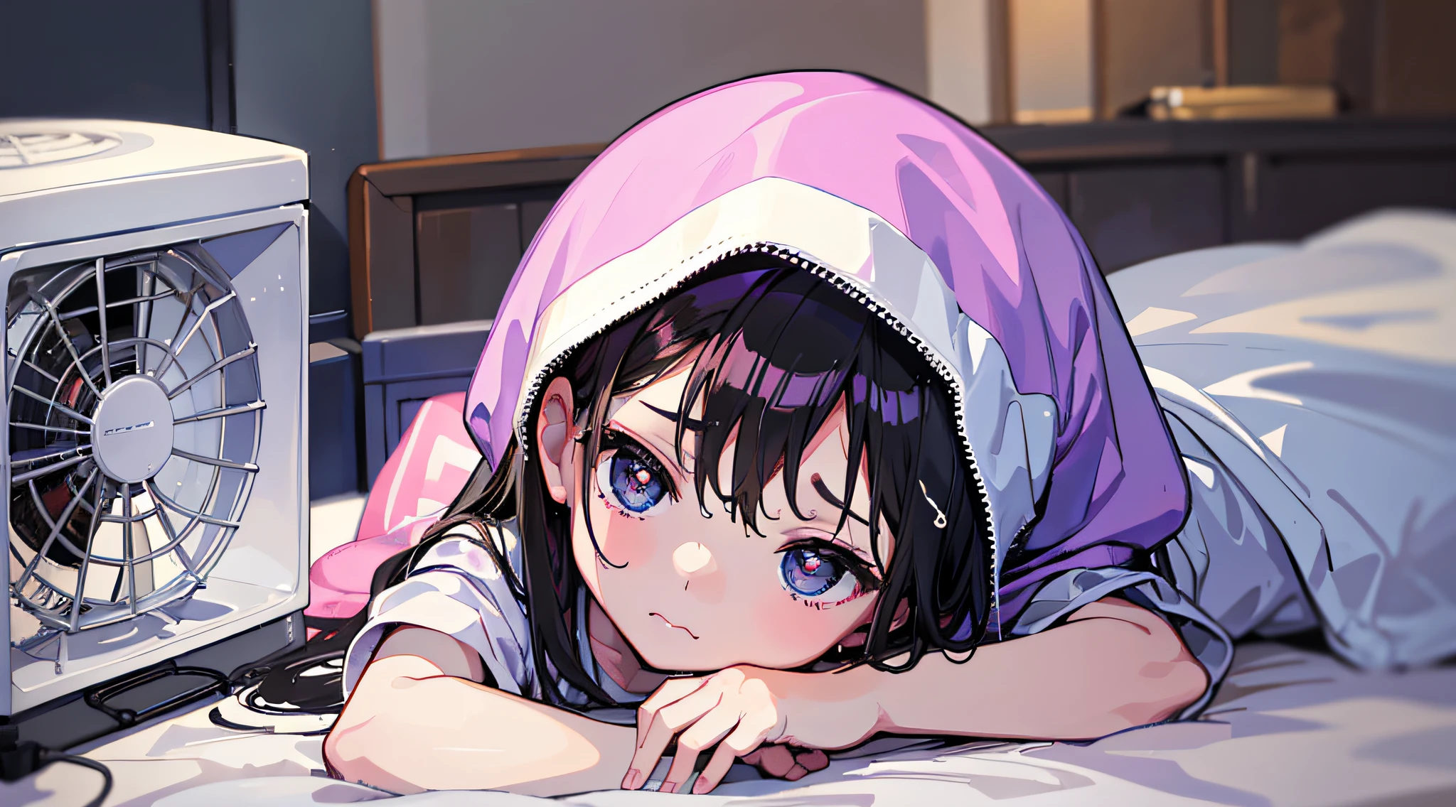 Super cute baby is sick, cute baby, sick, lying on the bed with a wet towel on the forehead to cool down, room, air conditioning, fan --auto --s2