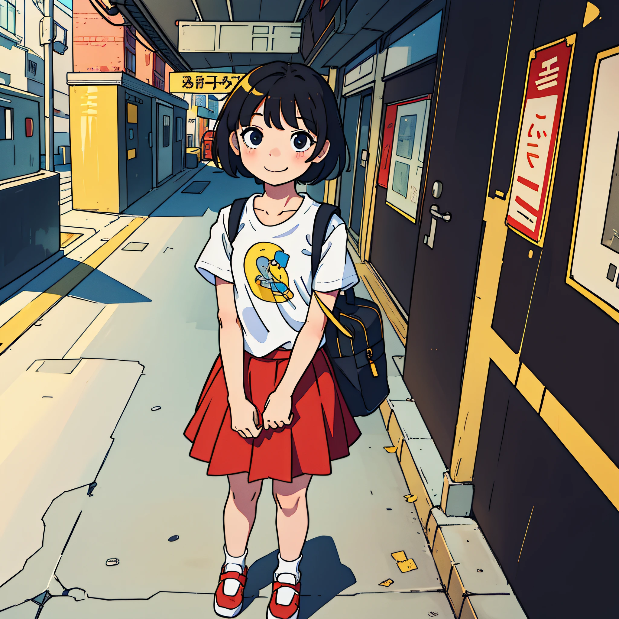 masterpiece, face detailed, elementary school student, girl, school bag, deformed, full body, background pure white, 6 years old, modern, red skirt, yellow t-shirt, pumps, smile, cute, black hair, short hair, background not required, upright,