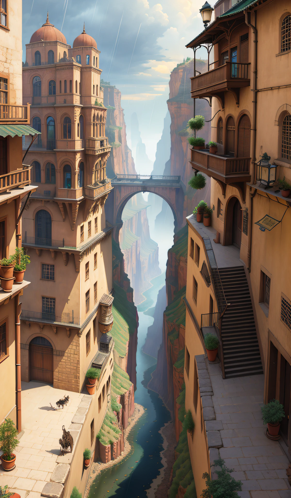 ((masterpiece)),((best quality)),((high detial)),((realistic,)) Industrial age city, deep canyons in the middle, architectural streets, bazaars, Bridges, rainy days, steampunk, European architecture