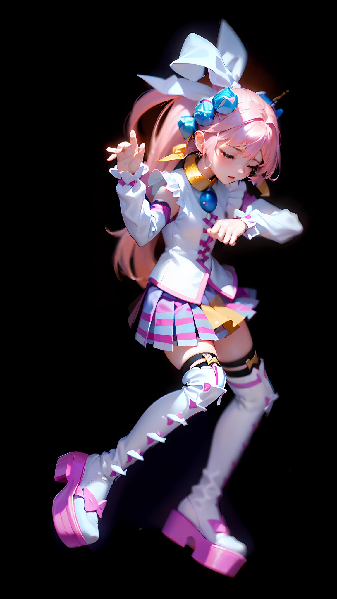 ((Lora+QuickHand: 1.2), (Masterpiece: 1.5), (Best Quality: 1.5), 8K Resolution, (Perfect Hand: 1.5), a girl's beautiful expression of closing her eyes, beaten and crying, small mouth slightly open, (pink hair: 1.3 + single ponytail), (white top: 1.2), (pink pleated skirt: 1.2), (pink over-the-knee socks: 1.2), (white boots: 1.2), (no background: 1.5), (slender beautiful legs:1.2)), right light source"