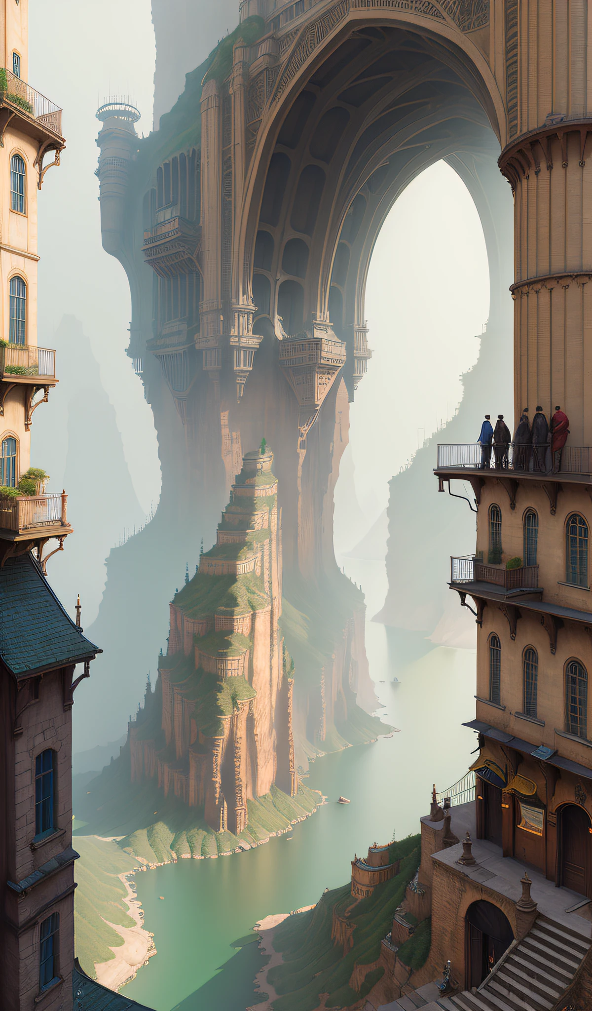 ((masterpiece)),((best quality)),((high detial)),((realistic,)) Industrial age city, deep canyons in the middle, architectural streets, bazaars, Bridges, rainy days, steampunk, European architecture