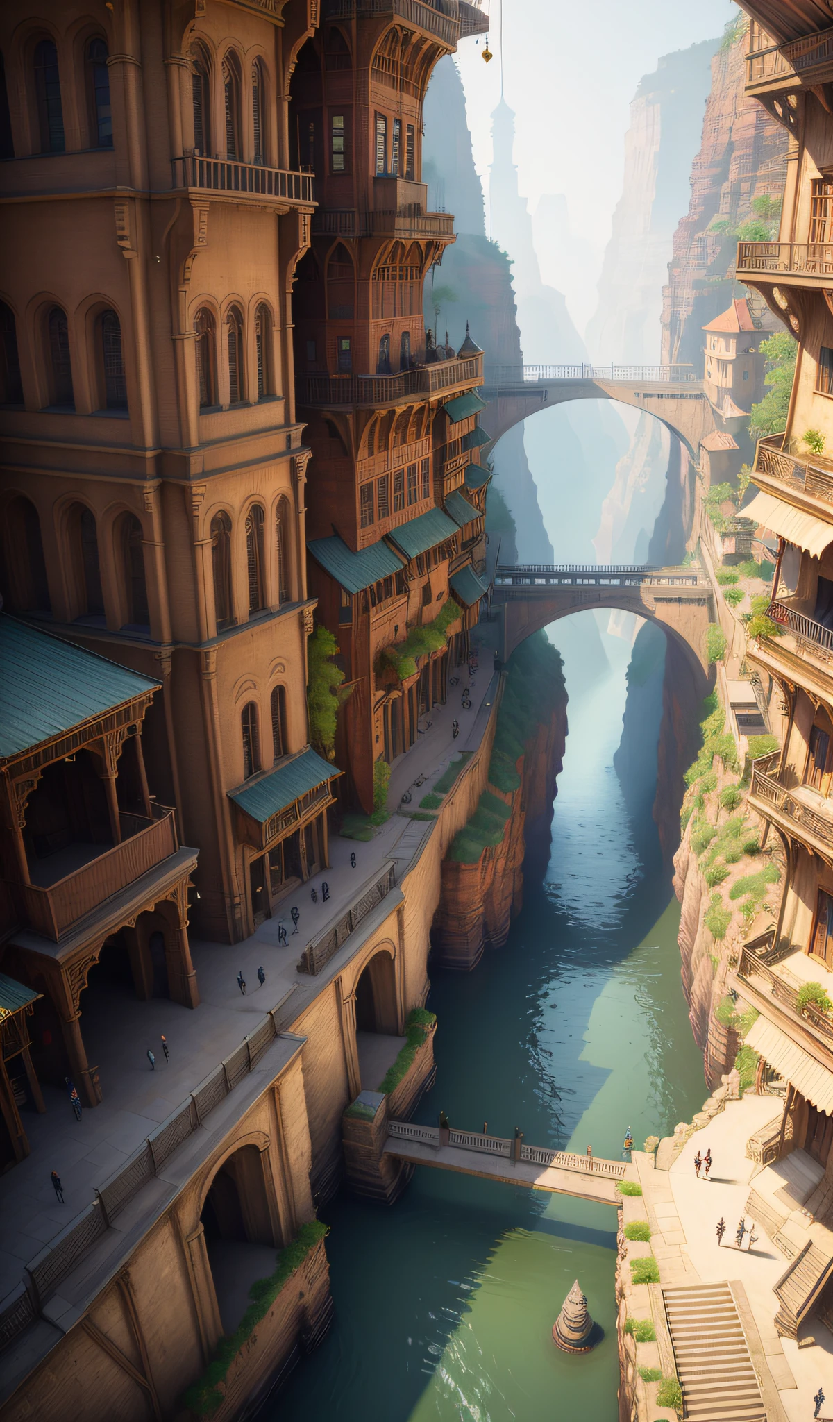 ((masterpiece)),((best quality)),((high detial)),((realistic,)) Industrial age city, deep canyons in the middle, architectural streets, bazaars, Bridges, rainy days, steampunk, European architecture