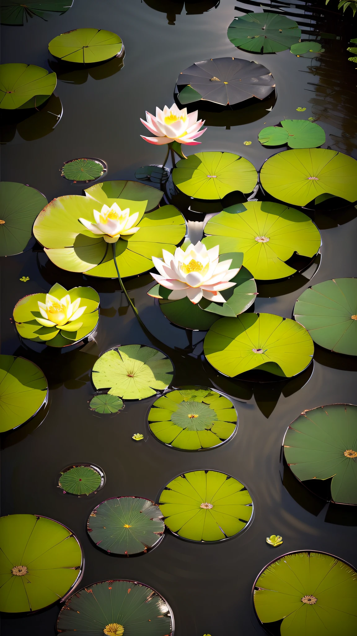 Masterpiece, exquisite, deep in the lotus pond, (colorful, vivid, sunny, cool light: 1.2) lotus leaves in the pond, night, empty
