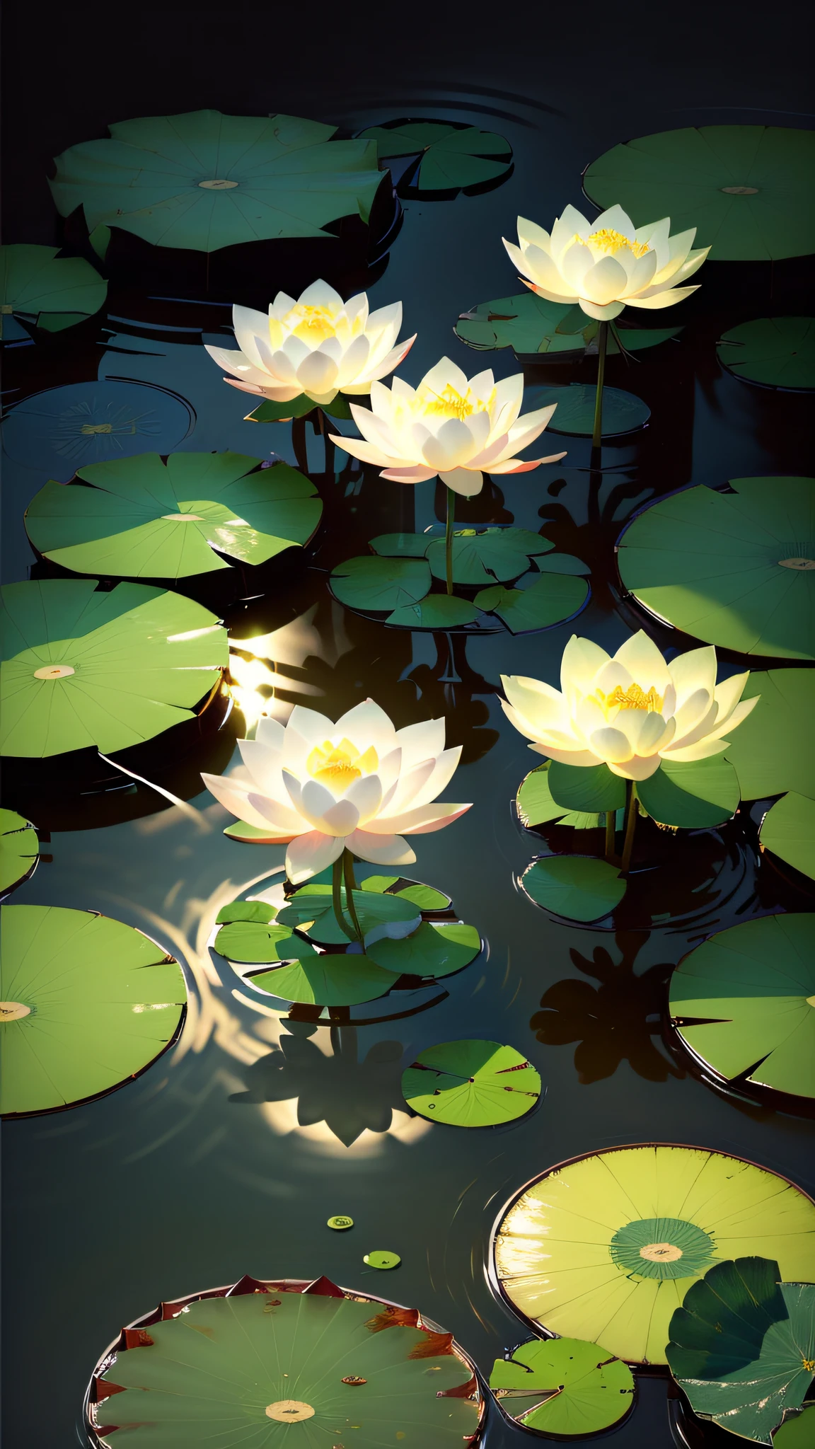 Masterpiece, exquisite, deep in the lotus pond, (colorful, vivid, sunny, cool light: 1.2) lotus leaves in the pond, night, empty