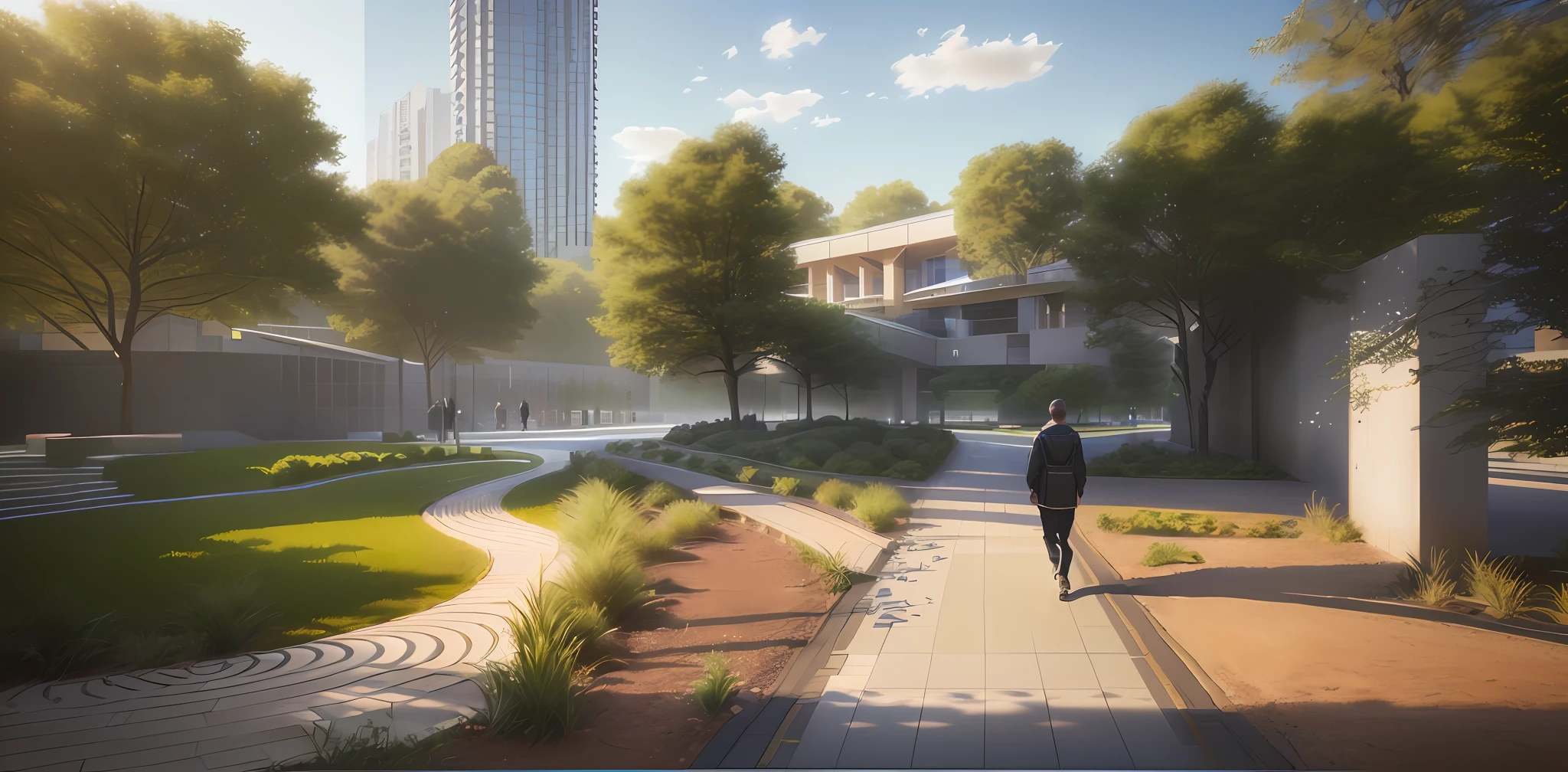 rendering of a person walking down a path in a park, a digital rendering, conceptual rendering, digital rendering, mid-view, architecture render, street level view, detailed rendering, architectural render, lumion rendering, from street level, detail render, view from ground level, conceptual, rendering, architectural rendering, architecture render ”, artist's impression, digital render, architectural visualisation