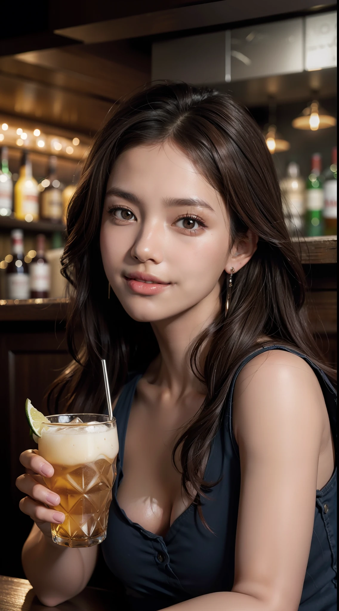 masterpiece, top quality, raw photo, photorealistic, big, face light, shiny skin, high resolution, super detail, detail, detailed eyes and face, sharp pupils, smile, sharp focus, shiny skin, brown hair, long hair, earrings, tavern, drinking alcohol in bar