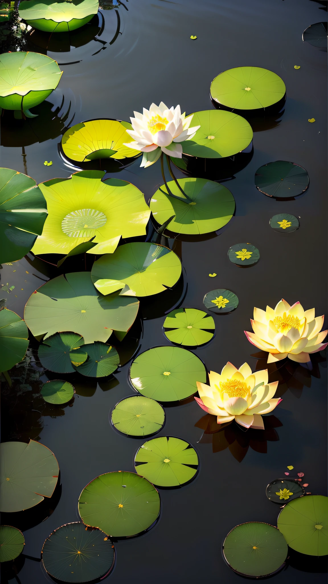 Masterpiece, exquisite, deep in the lotus pond, (colorful, vivid, sunny, cool light: 1.2) lotus leaves in the pond, night, empty