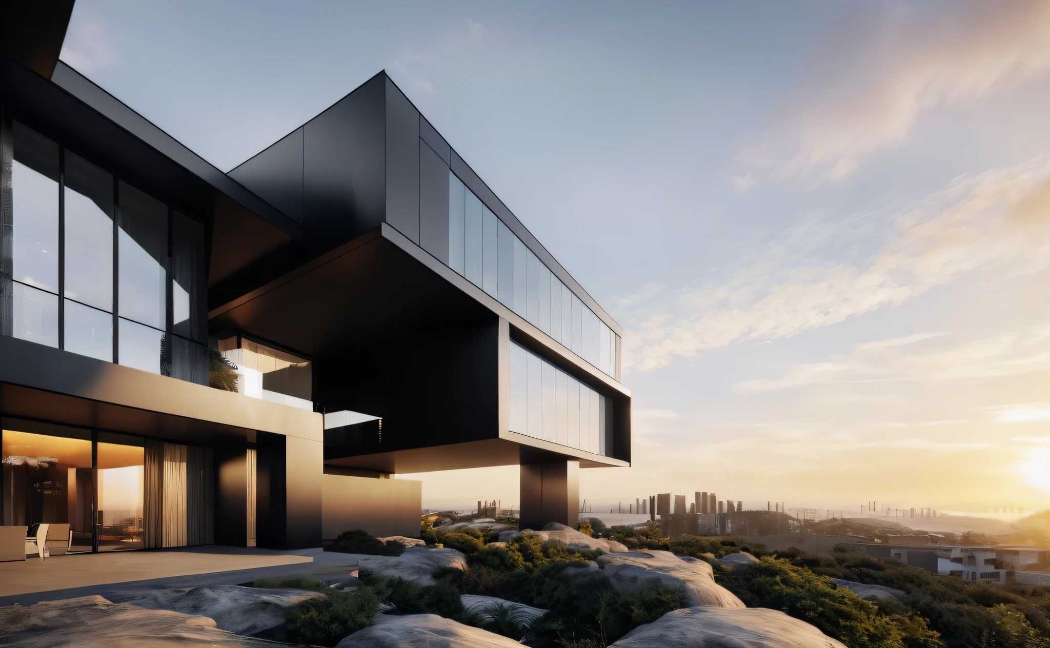 ((Masterpiece, Best Quality)), 8K, Modern Architectural Style, Photorealistic Photography, David Chipper Field, Ultra Detailed Photography, Single Box, Digital 3D Rendering of Buildings, Black Buildings, Lean Flares, Coast, Sunset or Dawn