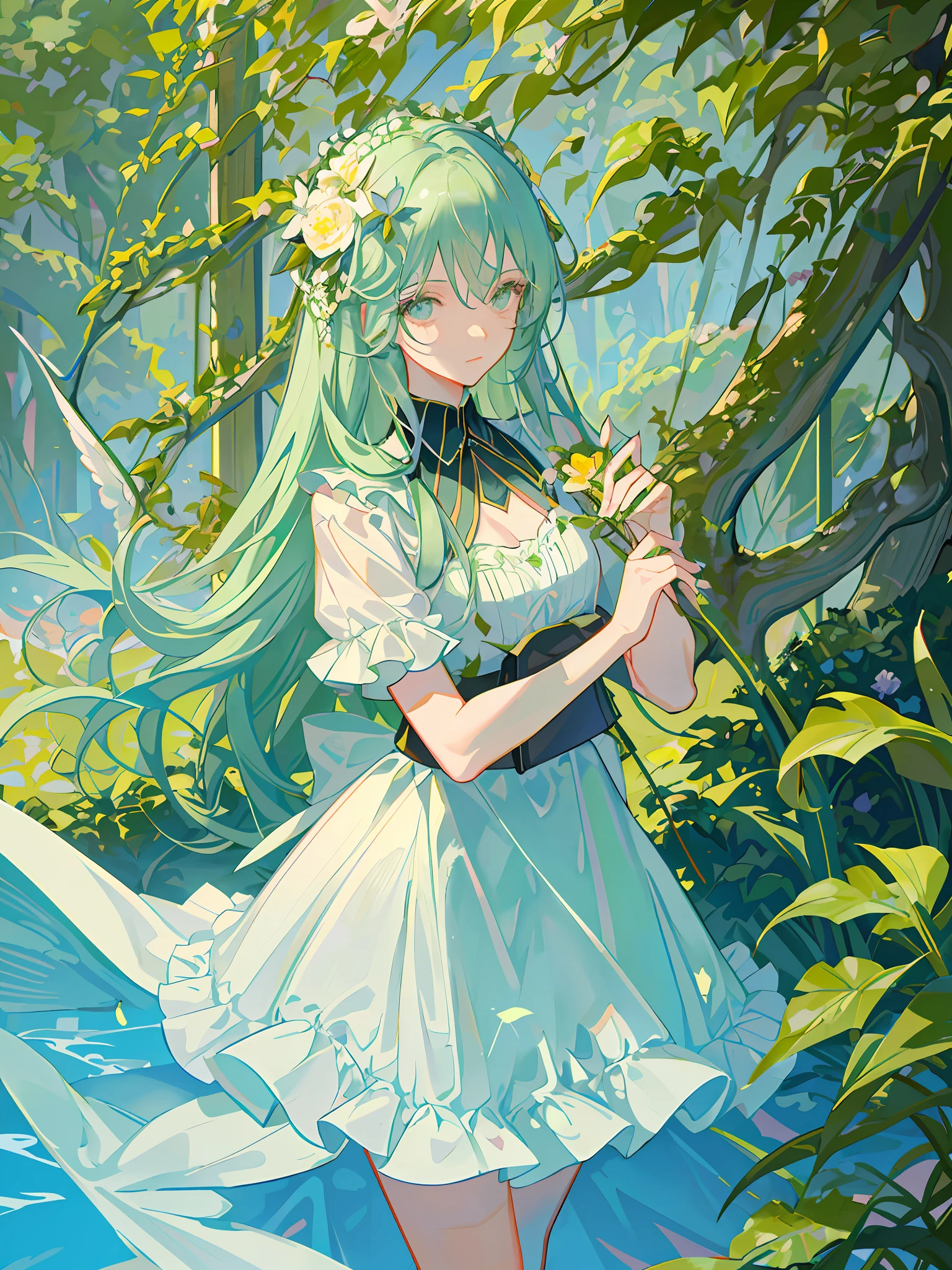 HD4k,masterpiece,best quality),there is a woman with long hair holding a branch of a plant, with ivy,in style of petra collins, , with flowers(slate color) around her, amidst nature, with flowers