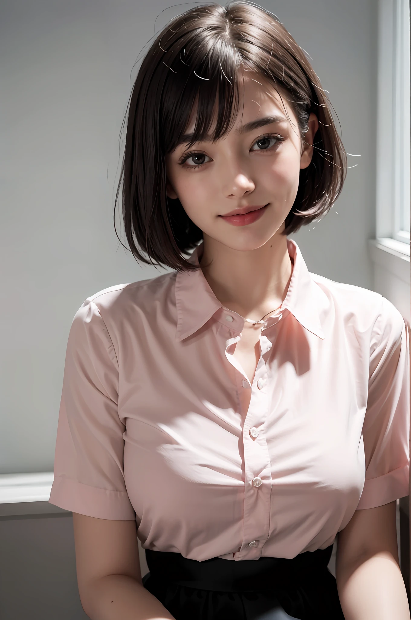 (8k, top quality, masterpiece: 1.2), (realistic, photorealistic: 1.37), super detailed, girl single, cute, solo, sitting, dating, (blush), (smile: 1.15), (closed mouth), big breasts, gaze staring at camera, breast staring at camera, fine beautiful eyes, large round eyes, clear double eyelids, eyelashes, (shirt with collar: 1.1), wet, office clothesNovaFrogStyle, White Lace, (Short Hair: 1.2), Floating Hair, Topless, Bangs, Long Neck, Happy Smile, Close Mouth, Clean Face, Realistic Skin Texture, Unbutton, Light Pink Lips, Really Nothing Background, Really Pure White Background, 18 Years Old, High School