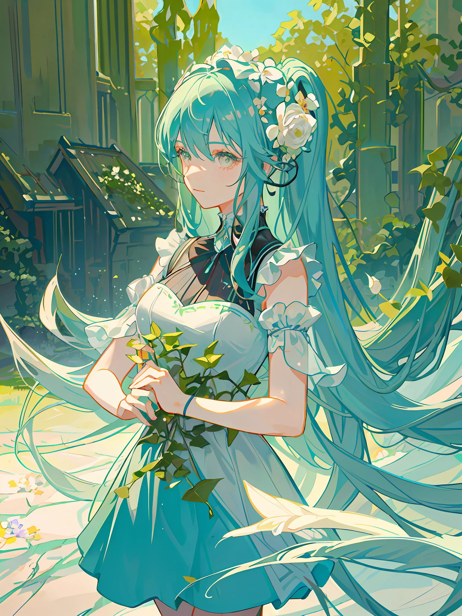 HD4k,masterpiece,best quality),there is a woman with long hair holding a branch of a plant, with ivy,in style of petra collins, , with flowers(slate color) around her, amidst nature, with flowers