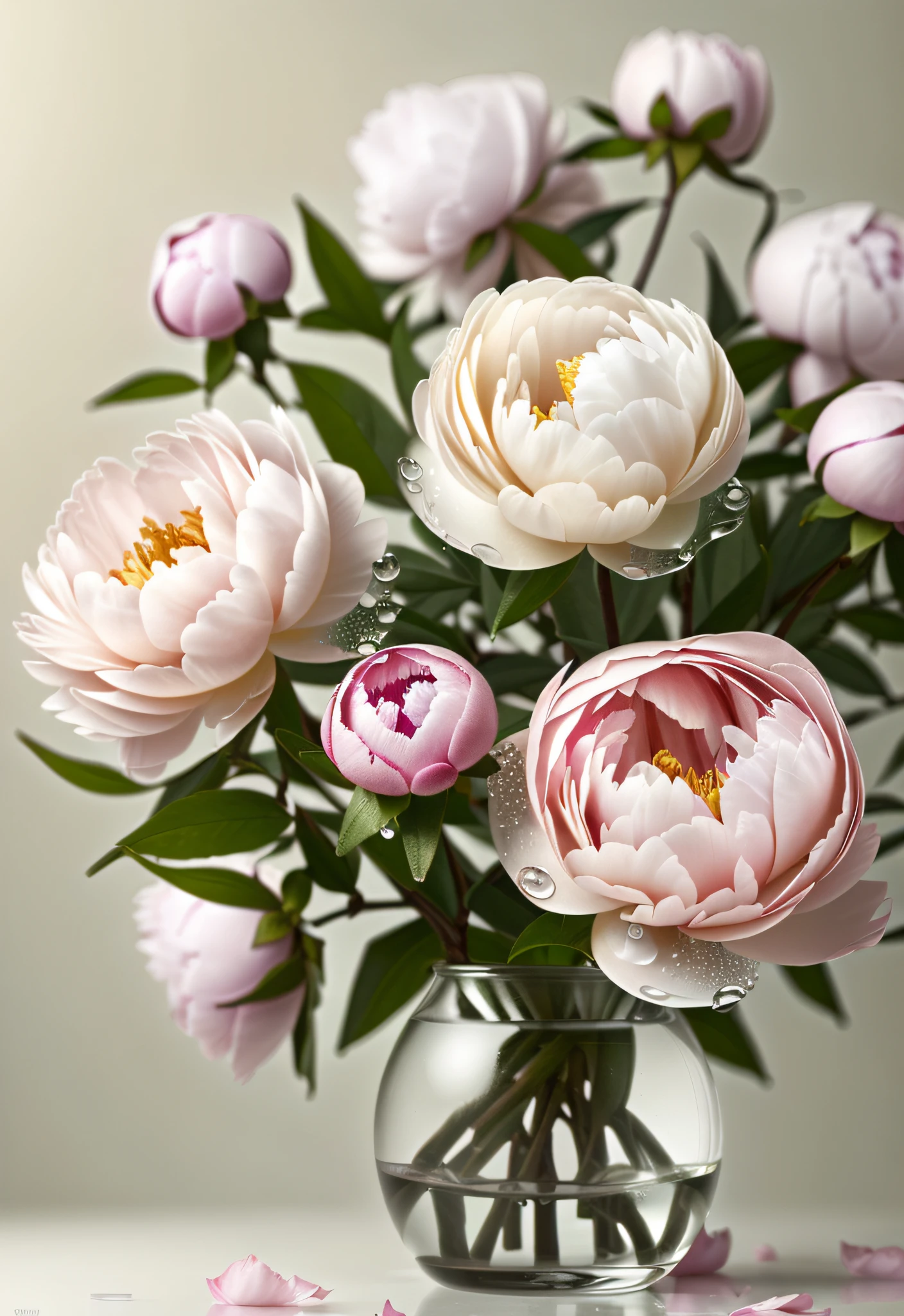 flower peonies blooming wallpaper,in the style of vray tracing,fanciful,dreamlike imagery,dreamlike naturaleza,dmitry spiros,uhd image,water drops,realistic yet ethereal