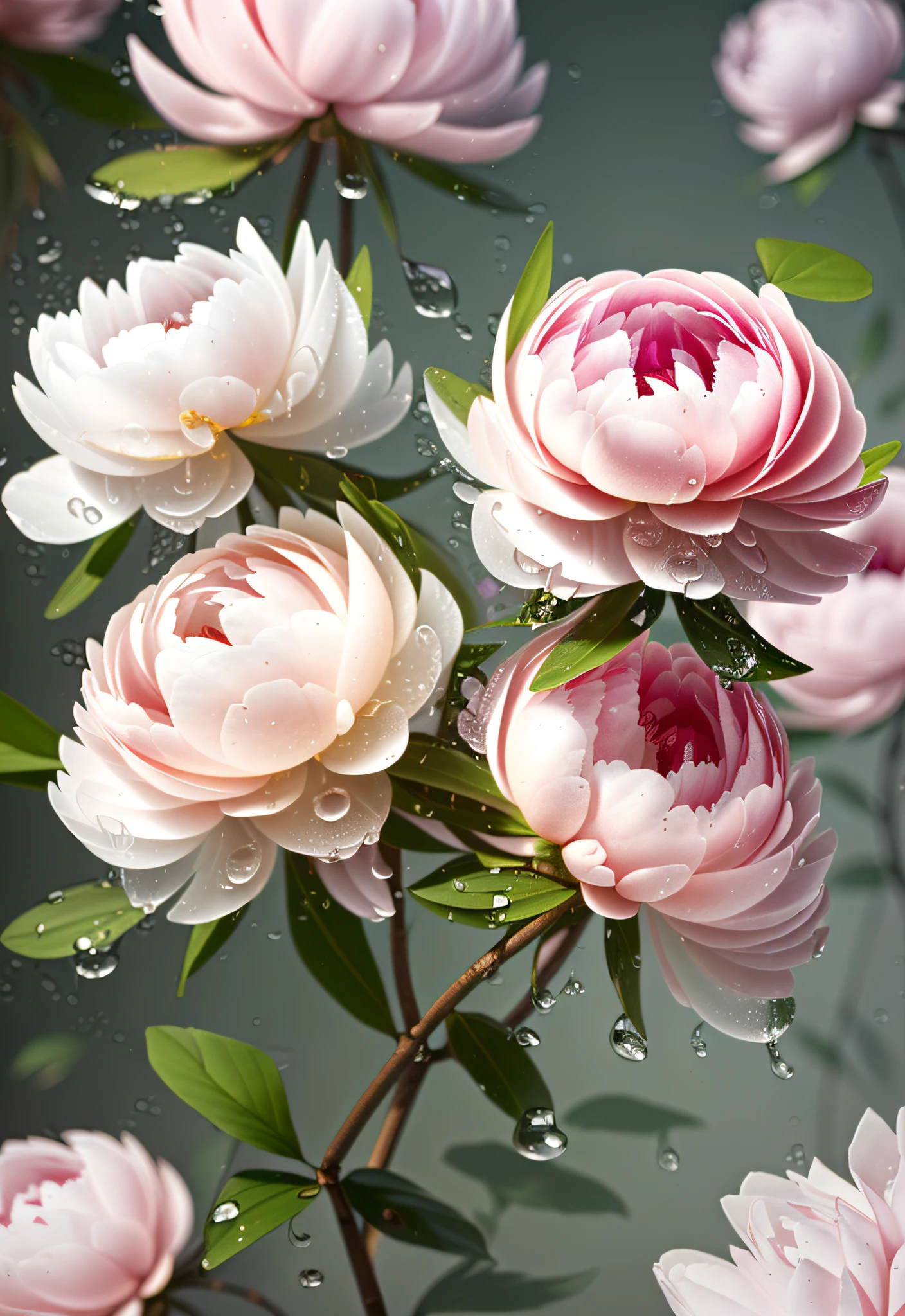 flower peonies blooming wallpaper,in the style of vray tracing,fanciful,dreamlike imagery,dreamlike naturaleza,dmitry spiros,uhd image,water drops,realistic yet ethereal