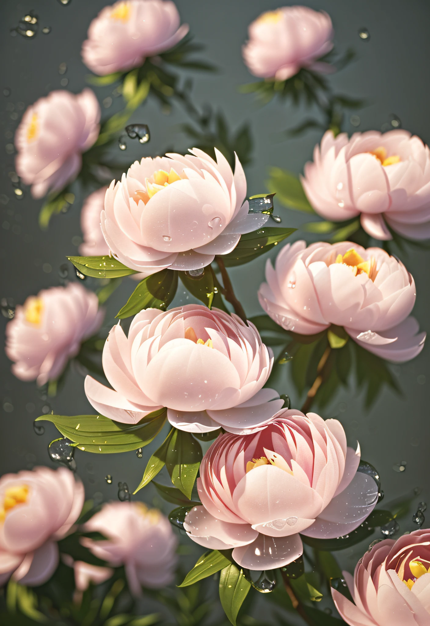 flower peonies blooming wallpaper,in the style of vray tracing,fanciful,dreamlike imagery,dreamlike naturaleza,dmitry spiros,uhd image,water drops,realistic yet ethereal