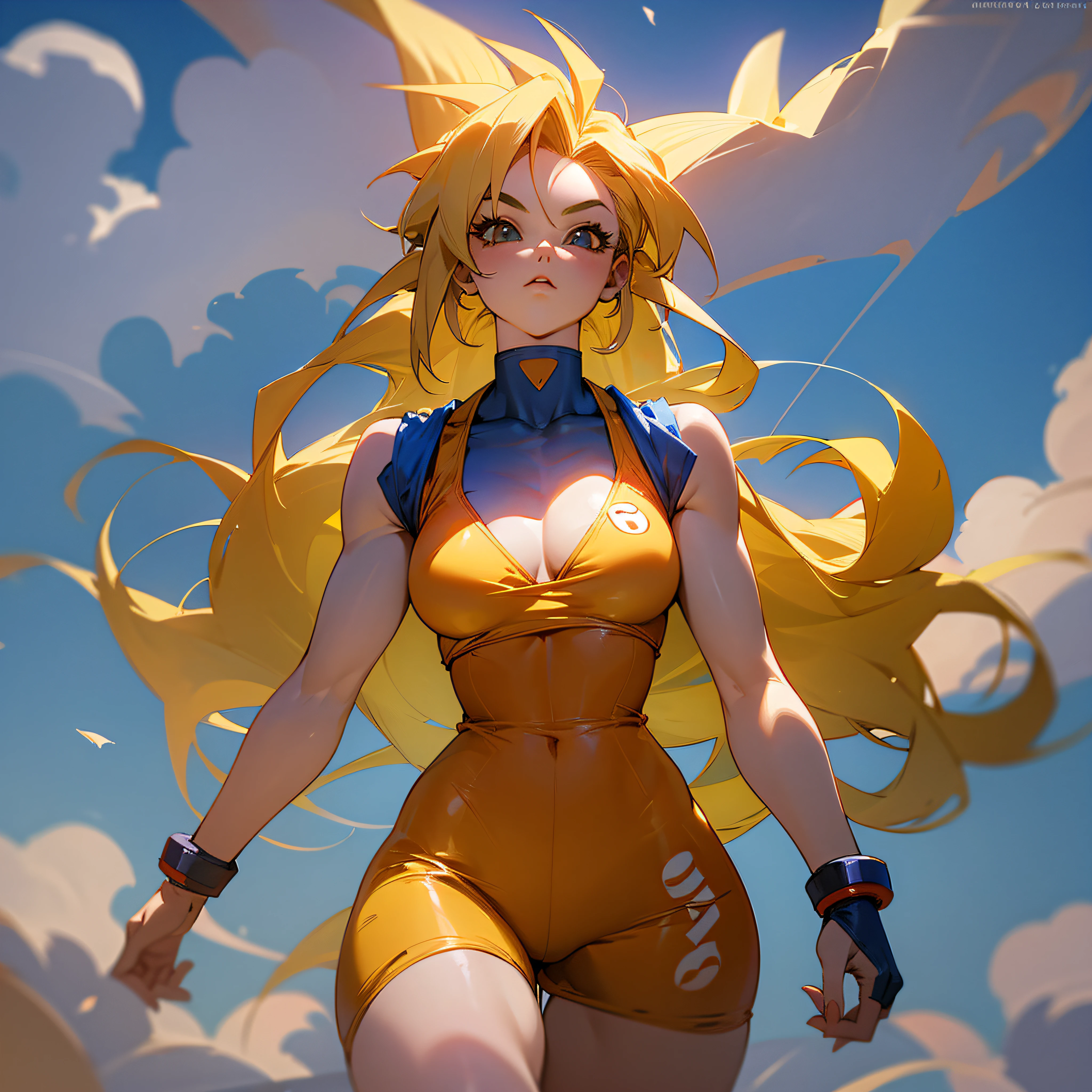 20 year old woman dressed in dragon ball goku costume bikini version, show off, long hair, transparent panties, see from behind, flying on top of a yellow cloud in a clear sky, large thighs, blonde hair, realistic HD --auto --s2