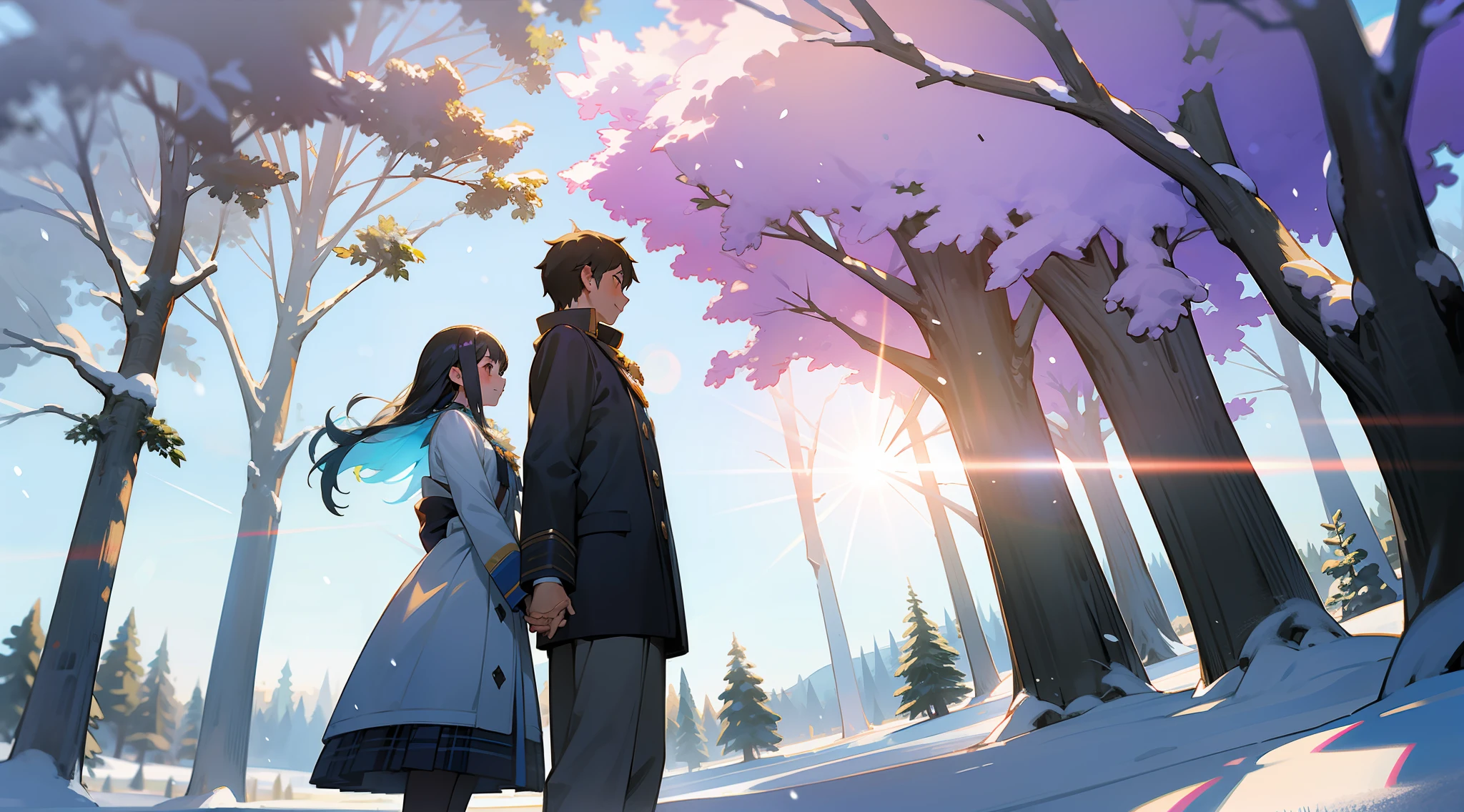 A boy and a girl, hand in hand, under a big tree, snow, snow, snow, sunshine, lens flare, morning sun, distant house, rainbow, many colors, romance