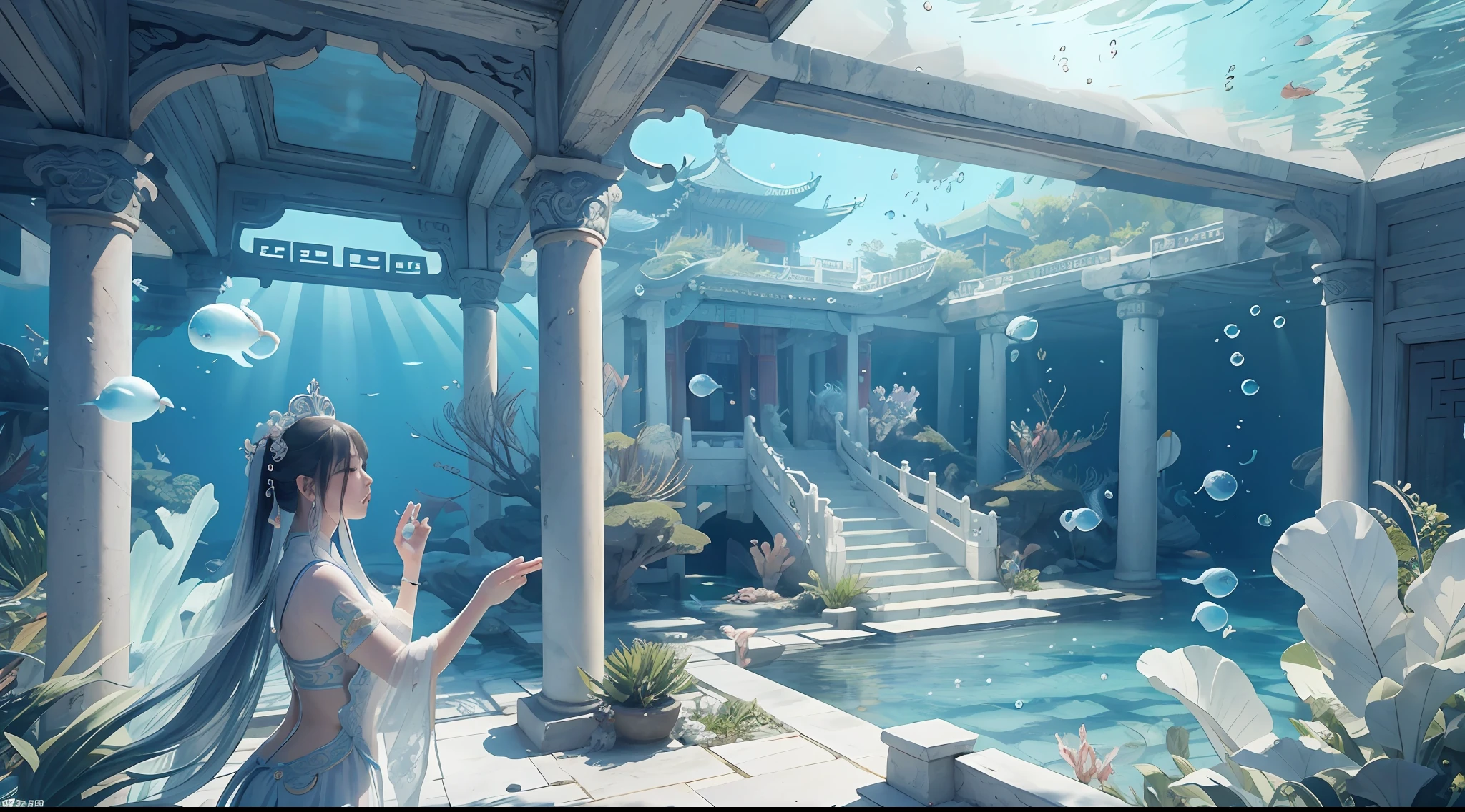 Ancient Chinese Palace, White Jade Palace Under the Sea, Underwater, Bubbles, Current, (Illustration: 1.0), Epic Composition, Natural Light, HD Details, Masterpiece, Best Quality, (Very Detailed CG Unity 8k Wallpaper)
