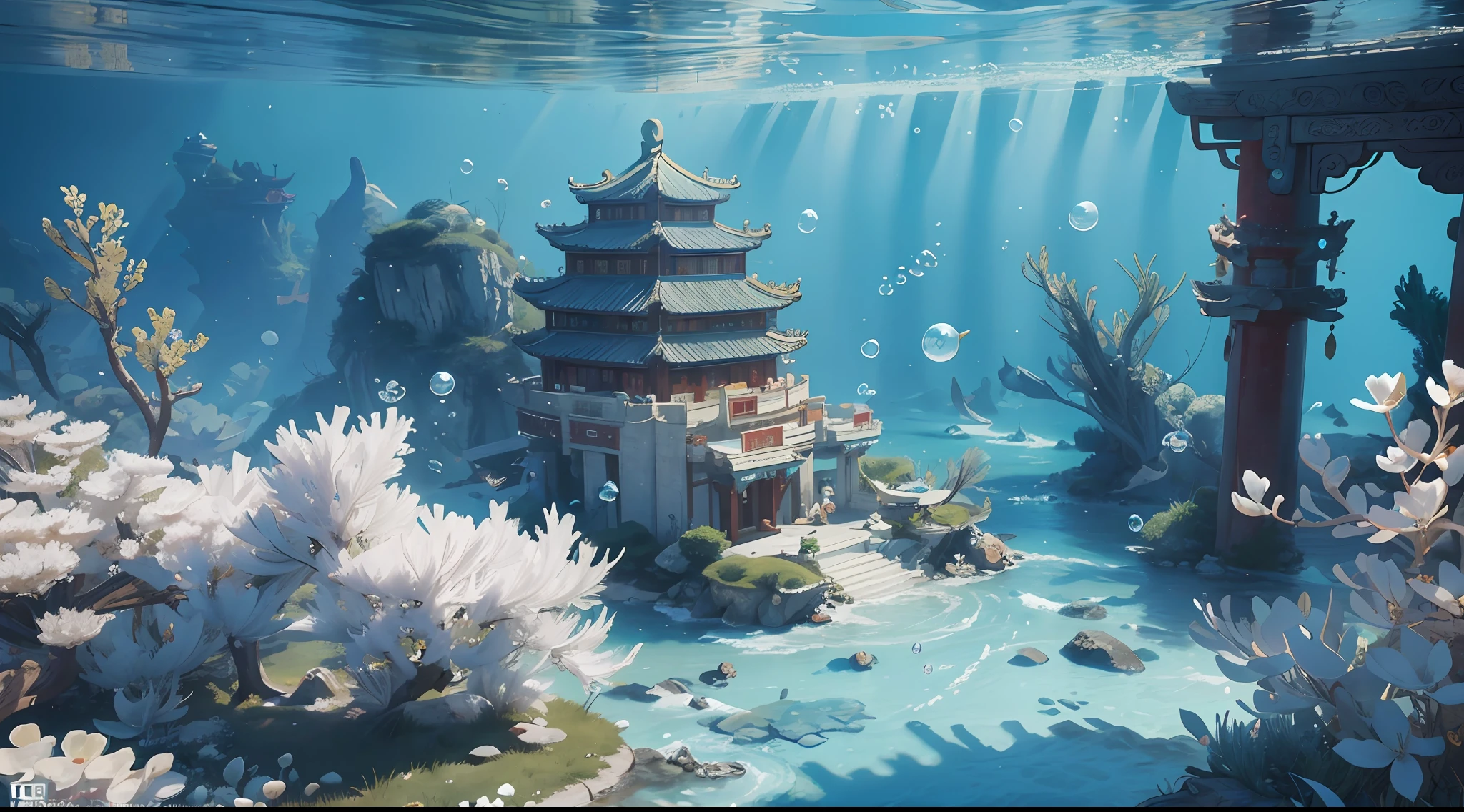 Ancient Chinese Palace, White Jade Palace Under the Sea, Underwater, Bubbles, Current, (Illustration: 1.0), Epic Composition, Natural Light, HD Details, Masterpiece, Best Quality, (Very Detailed CG Unity 8k Wallpaper)