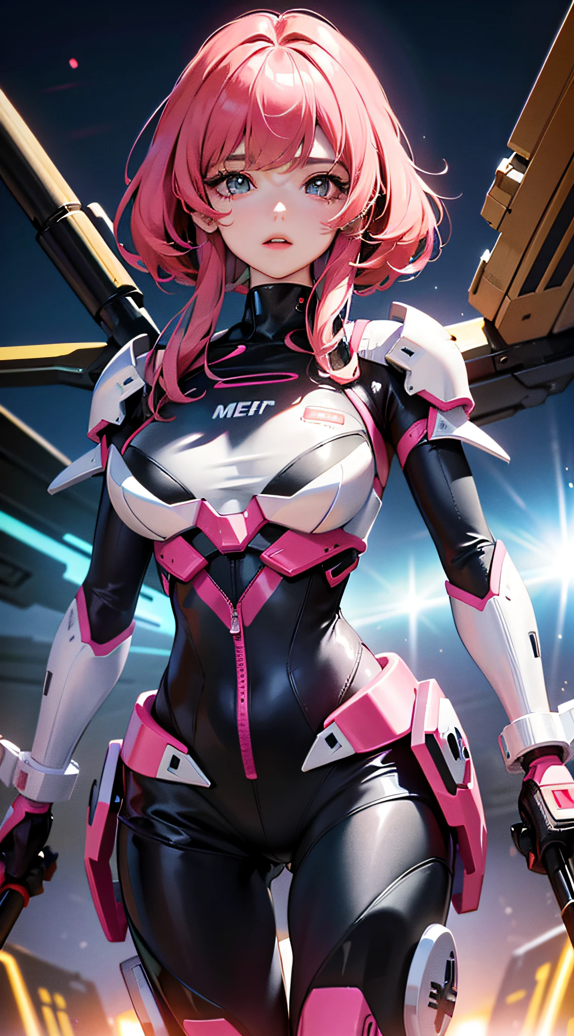 Highest image quality, outstanding details, ultra-high resolution, (realism: 1.4), the best illustration, favor details, highly condensed 1girl, with a delicate and beautiful face, dressed in a black-pink mecha, wearing a mecha helmet, holding a direction controller, riding on a motorcycle, the background is a high-tech lighting scene of the future city.