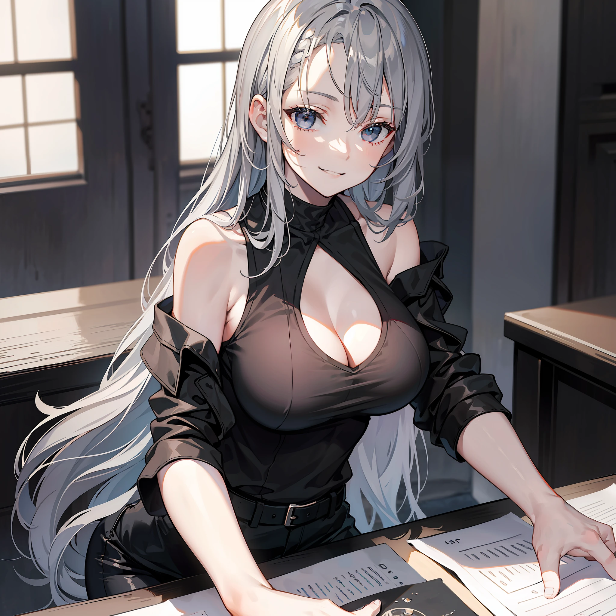 Masterpiece, Best Quality, Cinematic Lighting, Photorealism, Gray Hair, Long Hair, Sleeveless, Black Top Top, Open ?????, ???? Smile, Provocative, Brainstorming, Perfect Hands, Black Tights, ???????????, Teenage Girl
