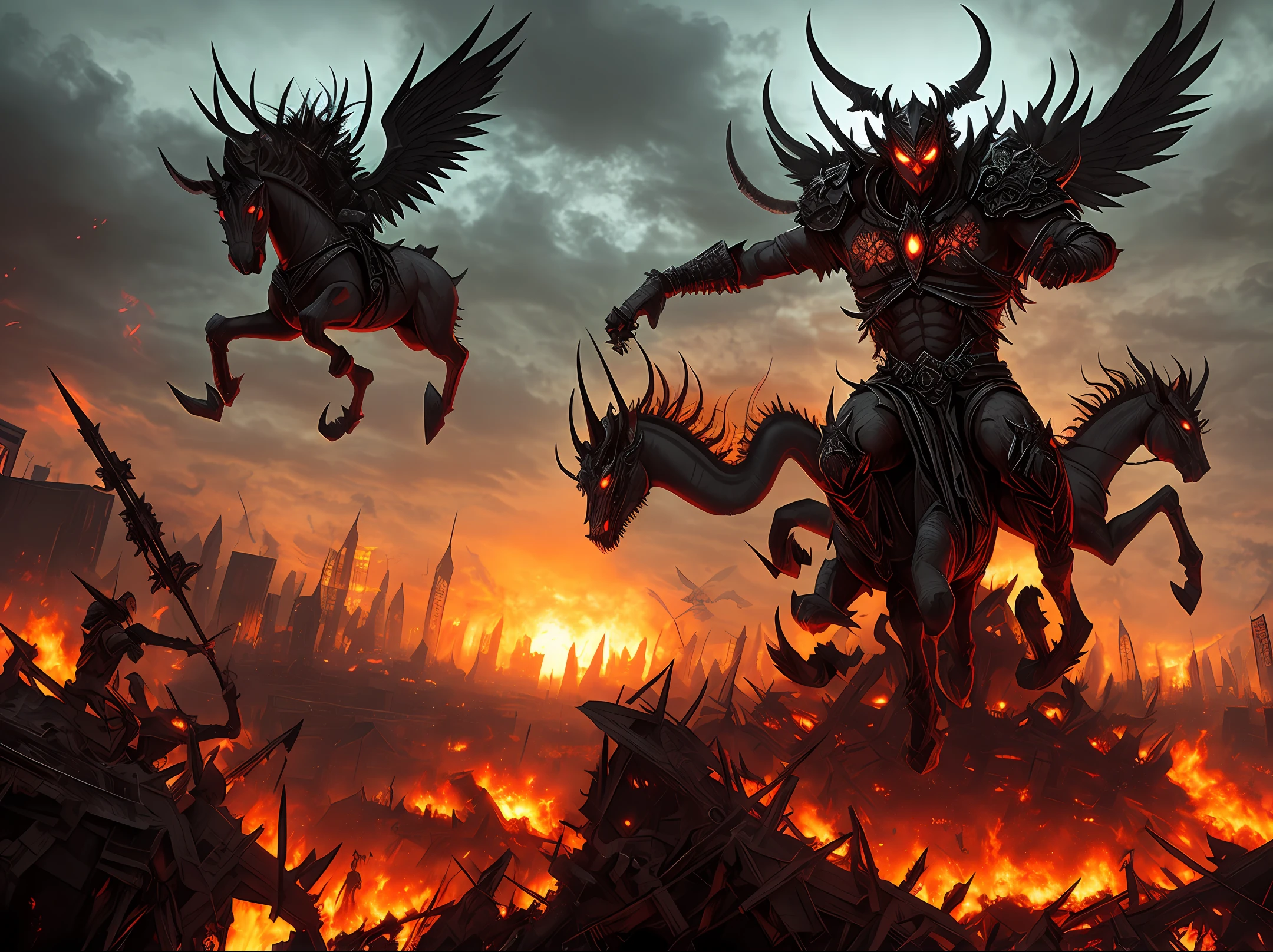 Create an apocalyptic image where a horde of demons armed with spears and swords are riding demonic, flaming eyed horses, soaring over a modern city in ruins, chaos, death and flames