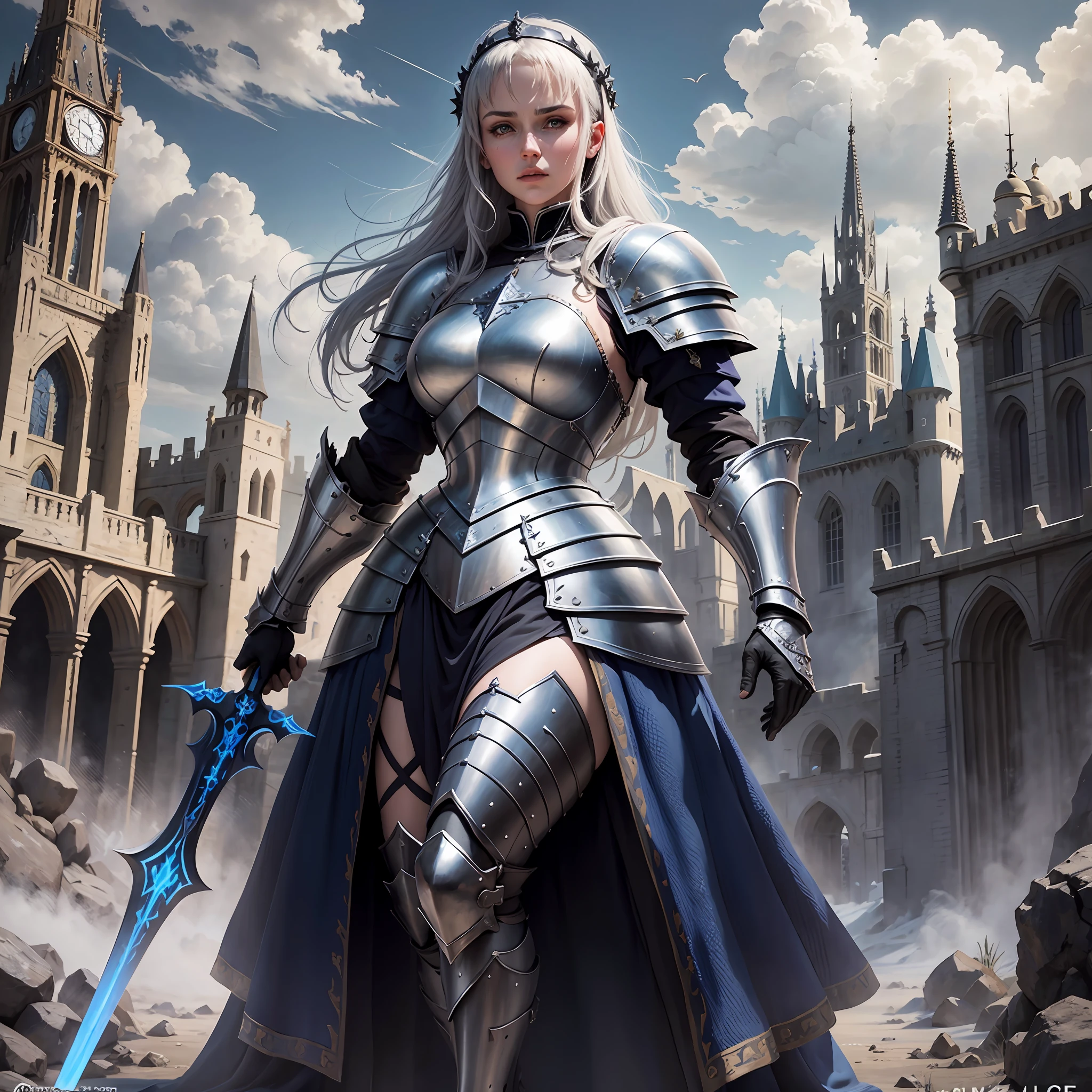 Joan of Arc, Full Body, Blue Gothic Armor, Hyper-realistic, Working Cousin, 4k, Dark Fantasy --auto --s2