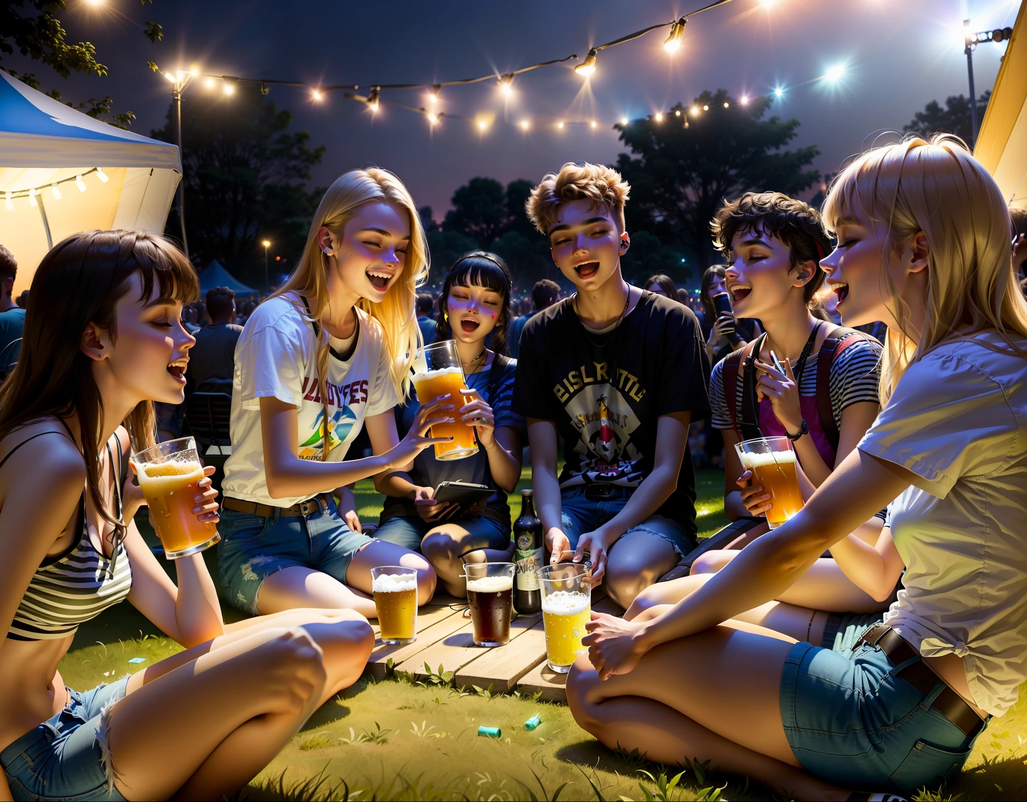In the evening, a group of young people hold beers and party on the lawn of the music festival