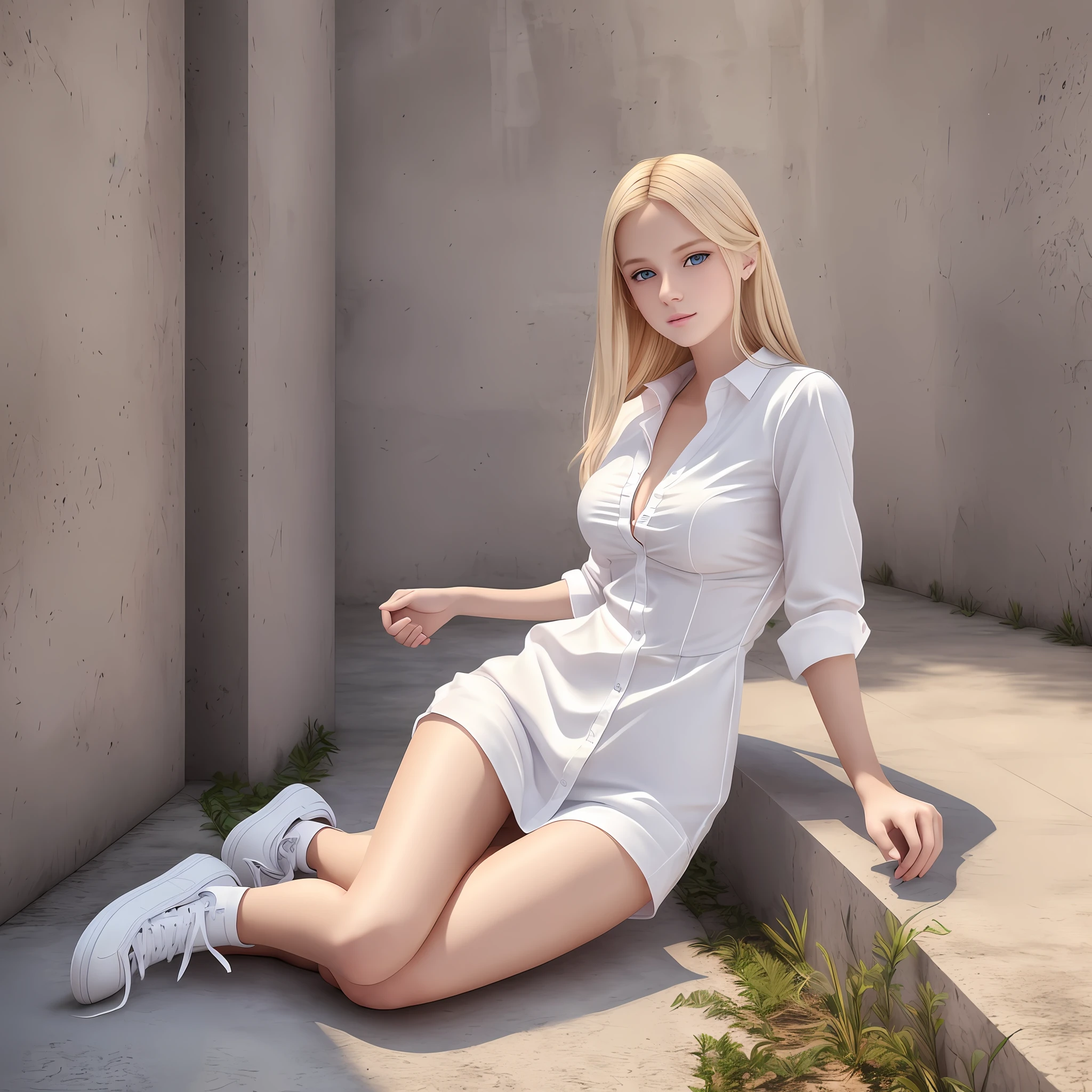 artwork, 1 beautiful girl, young, blonde, caucasian, adorable features, piercing and innocent look, blue eyes, pink lips, medium height, thin, full body, medium breasts, perfect hands, wearing long white dress shirt, short shorts, sneakers, ultra realistic, 8k hdr --auto --s2
