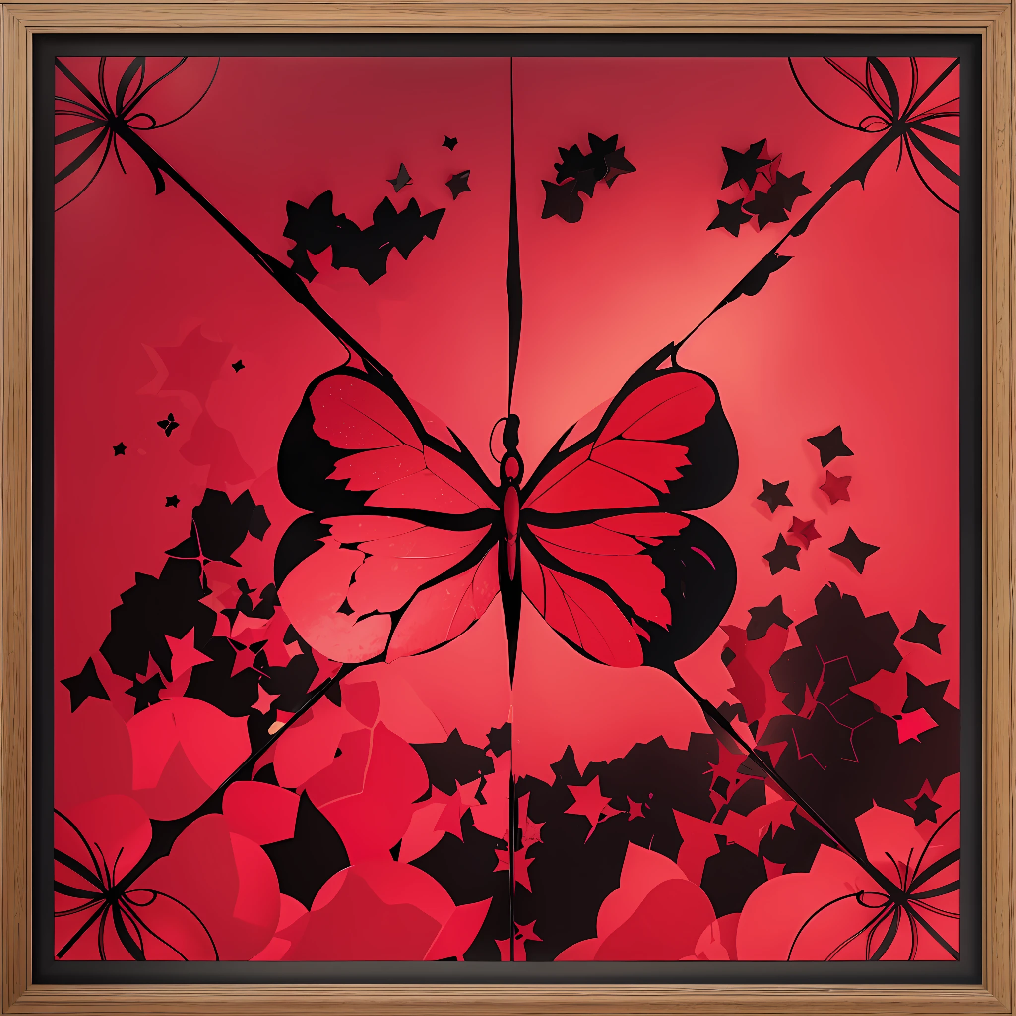 Central composition, red broken butterfly formed by mottled shadows, black background