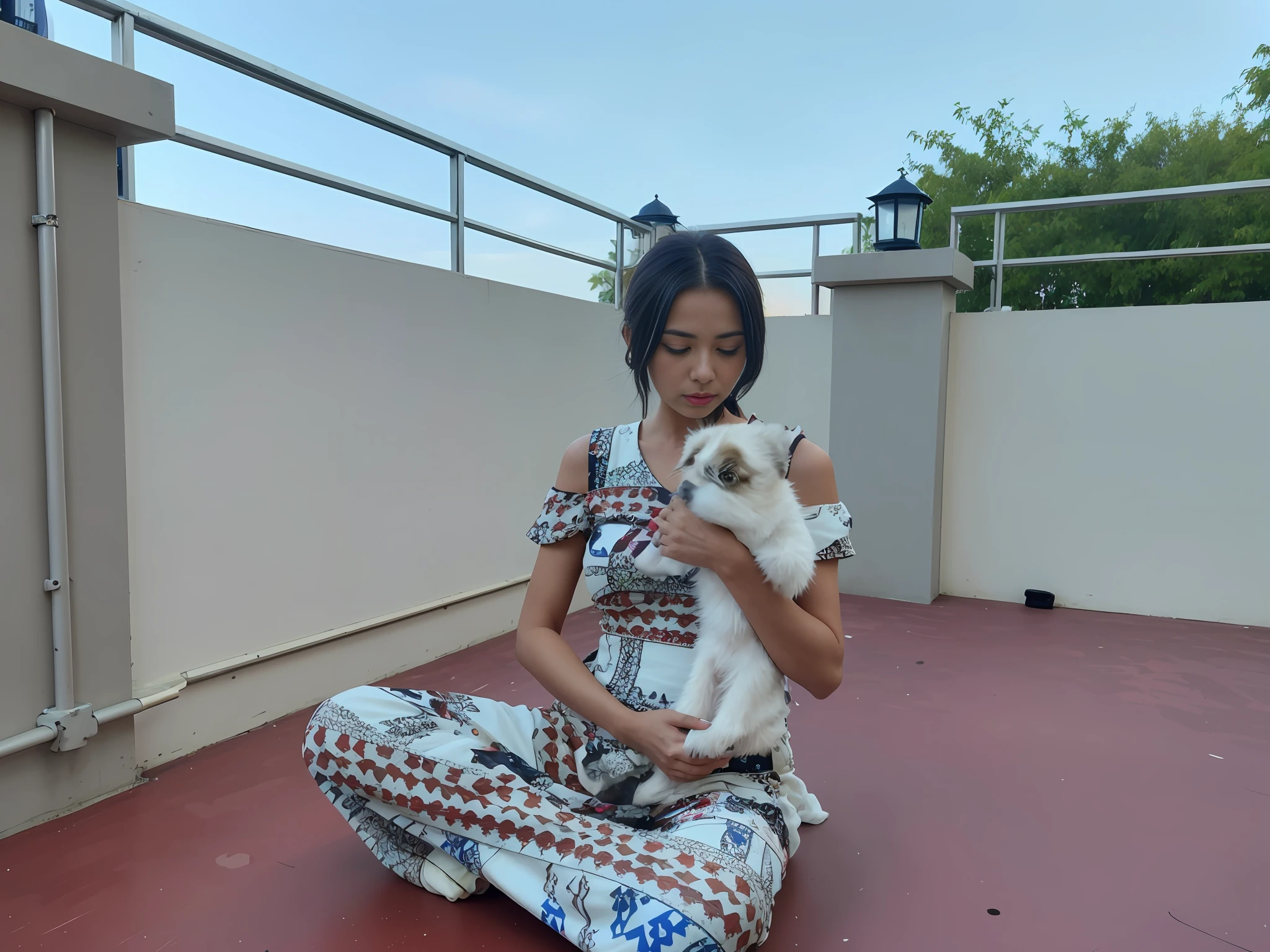 there is a woman sitting on the ground holding a dog, with small cat on lap, holding her yorkshire terrier, holding a pug for a picture, very artistic pose, with dogs, with stray dogs, wearing an elegant tribal outfit, she is holding a cat in her arms, very very low quality picture, taken in 2 0 2 0, sexy dress