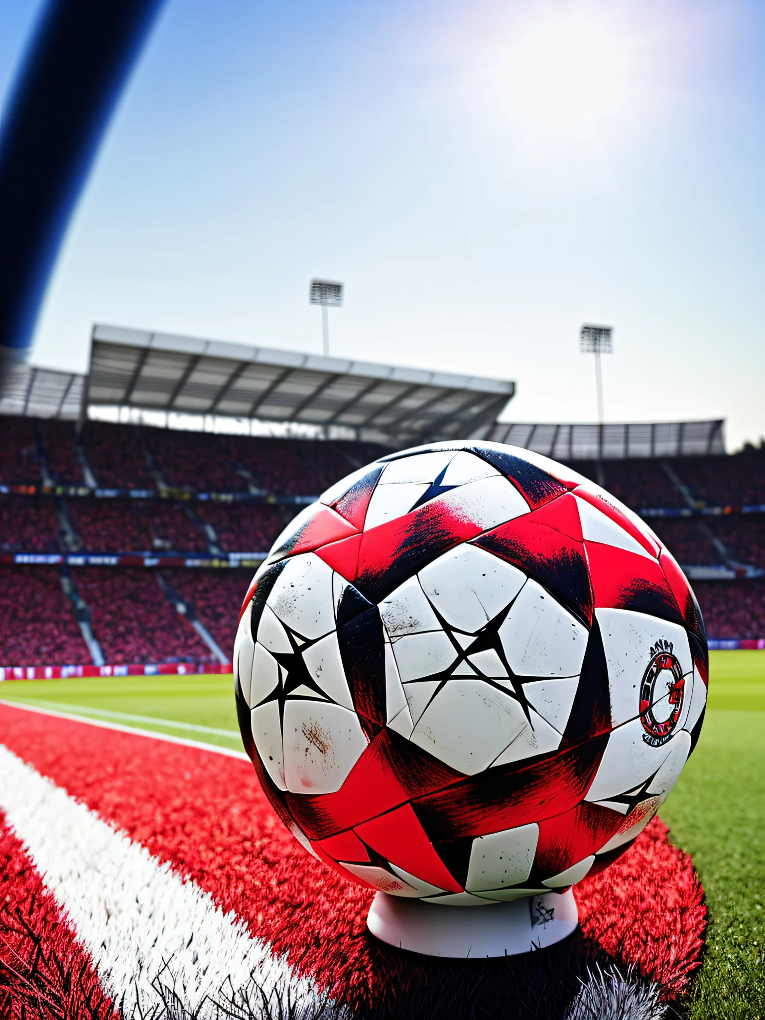 Champions League football leg red white and black, on a lawn and with a goal in the background blurred