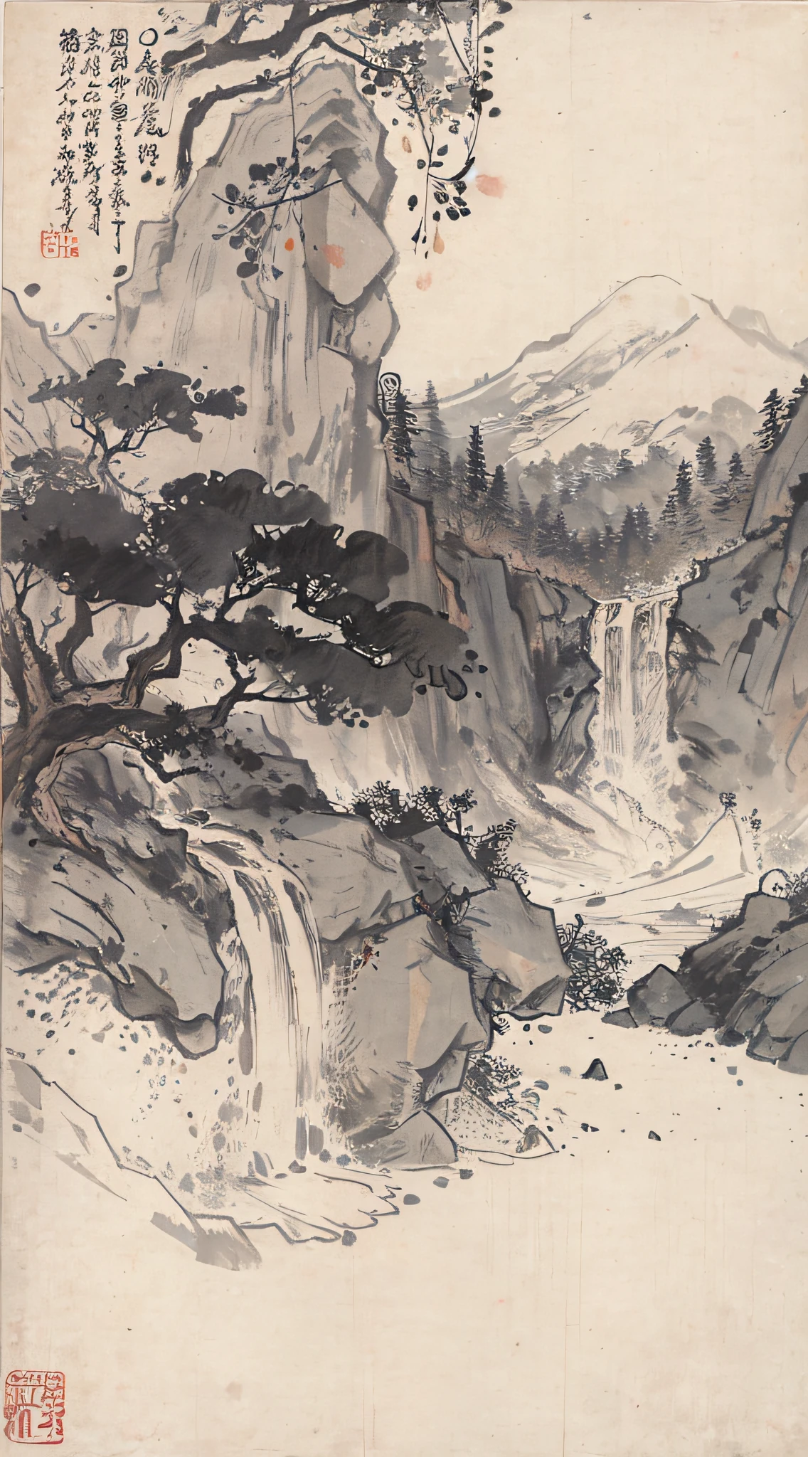 (Masterpiece, best quality: 1.2), traditional Chinese ink painting, big waterfall between mountains, rough waves, Yellow River, big house