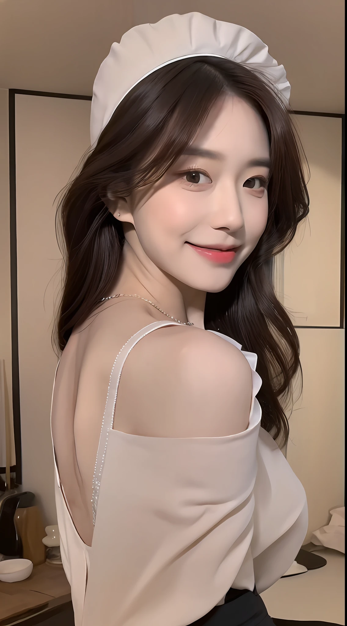 ((Best Quality, 8k, Masterpiece:1.3)), Focus:1.2, Perfect Body Beauty:1.4, Buttocks:1.2, ((Delicate Hair)), (Waiter Clothes:1.1) ,(Room, living room: 1.3), Highly detailed facial and skin texture, Fine eyes, Double eyelids, whitening skin, smile, wear necklace,