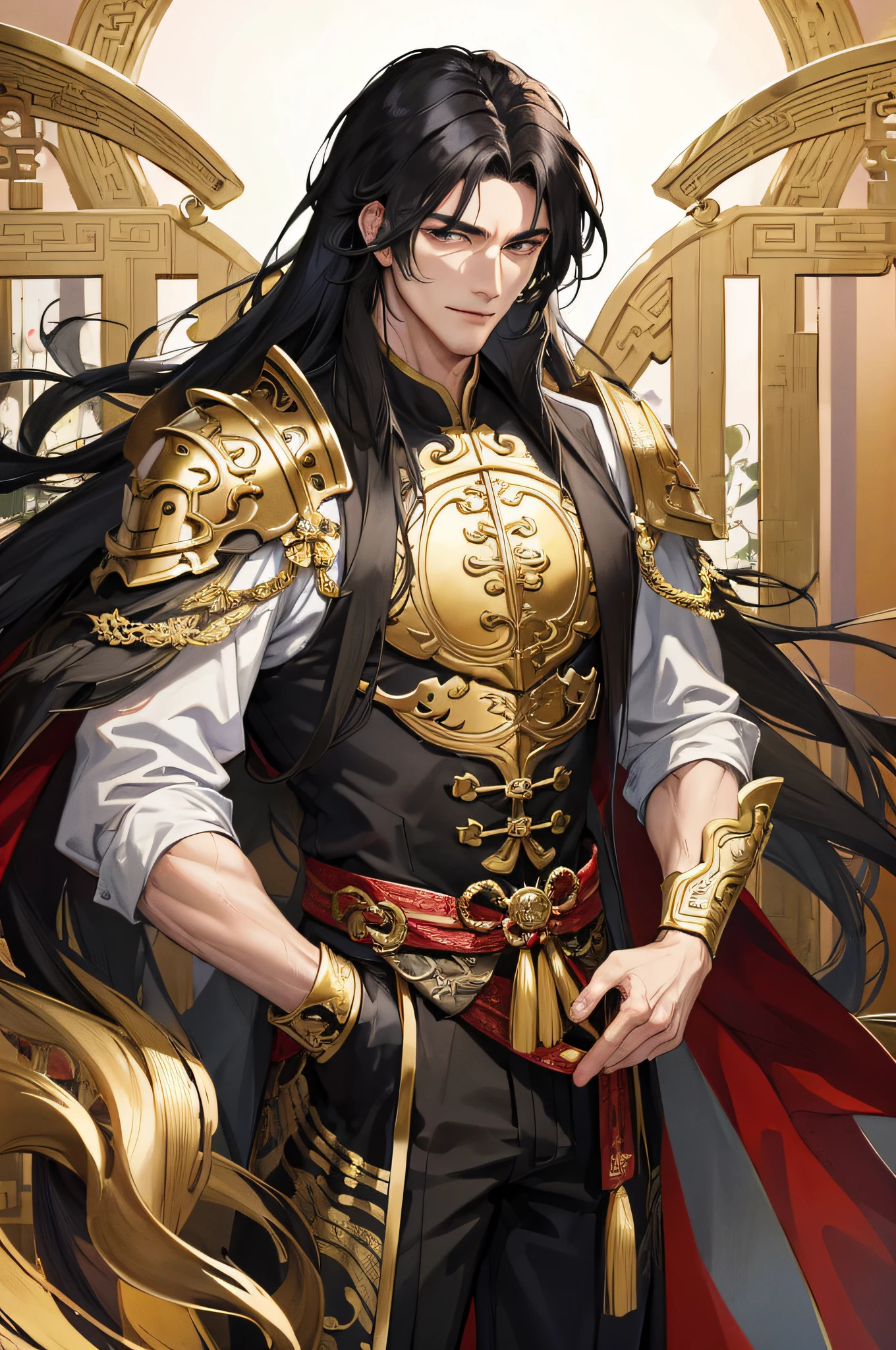 Masterpiece, Superb Night, Full Moon, 1 Man, Mature Man, Chinese Style, Ancient China, Black Hair, Black Eyes, Split Ends, Long Hair, Long Bangs, Handsome, Handsome, Masculine, Serious, Gentle, Tall, Calm, Black Gold Blend, Gold Pattern, Dragon Pattern, Prince, Ultra HD Picture, Man in Armor, Leaking Muscles, Tall and Mighty, Smiling, Black Hair, No Background