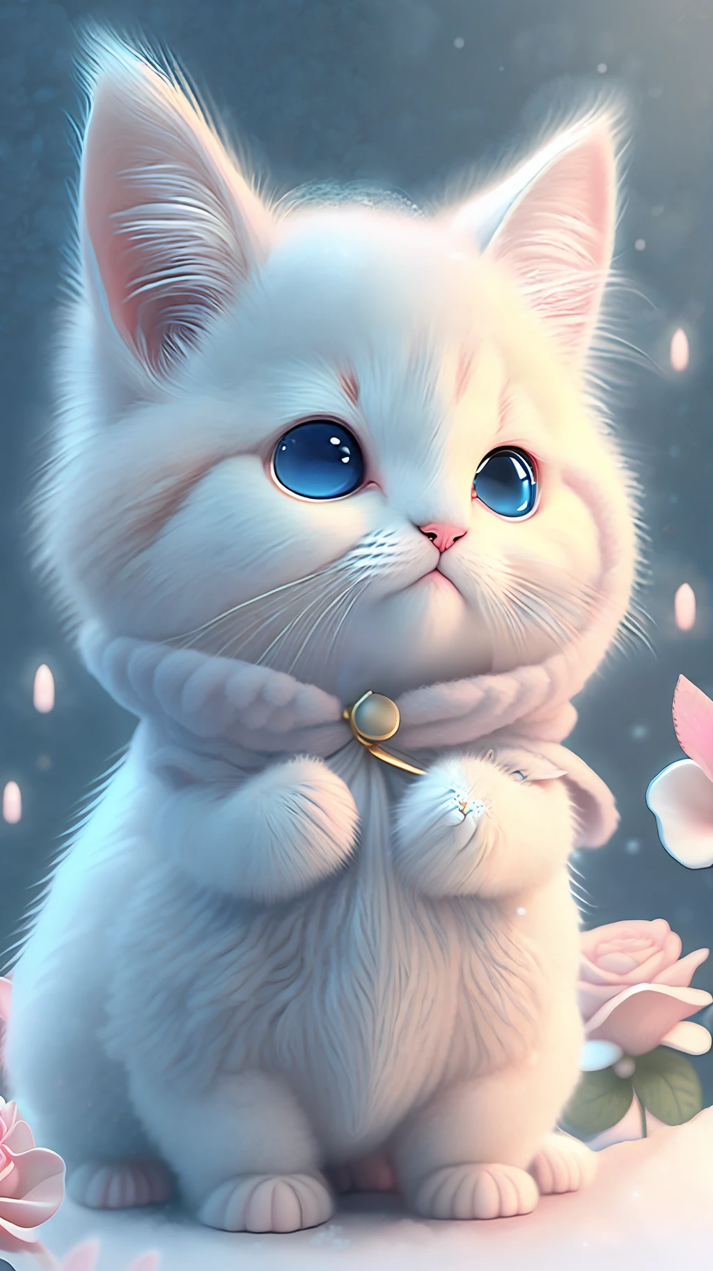 In this ultra-detailed CG art, cute kittens surrounded by ethereal roses, laughter, best quality, high resolution, intricate details, fantasy, cute animals, open mouths, laugh!!