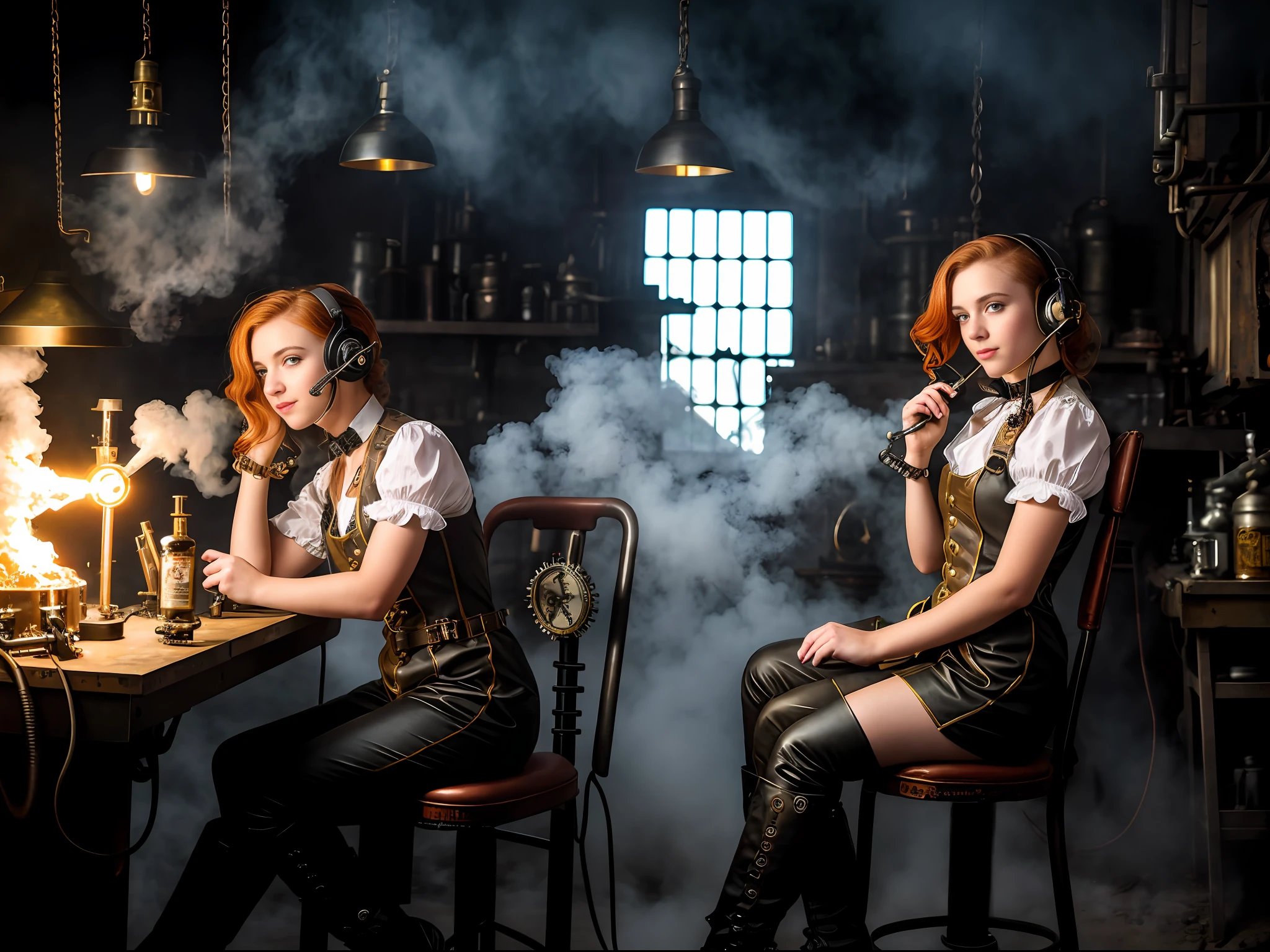 hyper photorealism, perfect anatomy, realistic character, very high contrast lighting, cinematic lighting, dramatic lighting, profile, shot from the back, shot from below, (((a girl on a chair is repairing a machine in the steamy smoky workshop))), (a 19 yo girl, (Ana de Armas:0.70), (redhead:1.1)), very cute and smiley, (perfect eyes:1.1), photorealistic wavy hair, a girl in a steampunk jumpsuit in light gray color, intercom headset, steampunk choker, long leather boots, perfect detailed face, detailed symmetric green eyes with circular iris, fixing a steam engine in the steampunk garage filled with steam and smoke, cogs and gears, steamy background with lots of steam pipes and steam valves and pressure gauges and gears, intricate background, very highly detailed costume, very highly detailed background, steampunk fantasy style, steampunk , steampunk aesthetic, steamy, Canon 5D, f1.8 lens